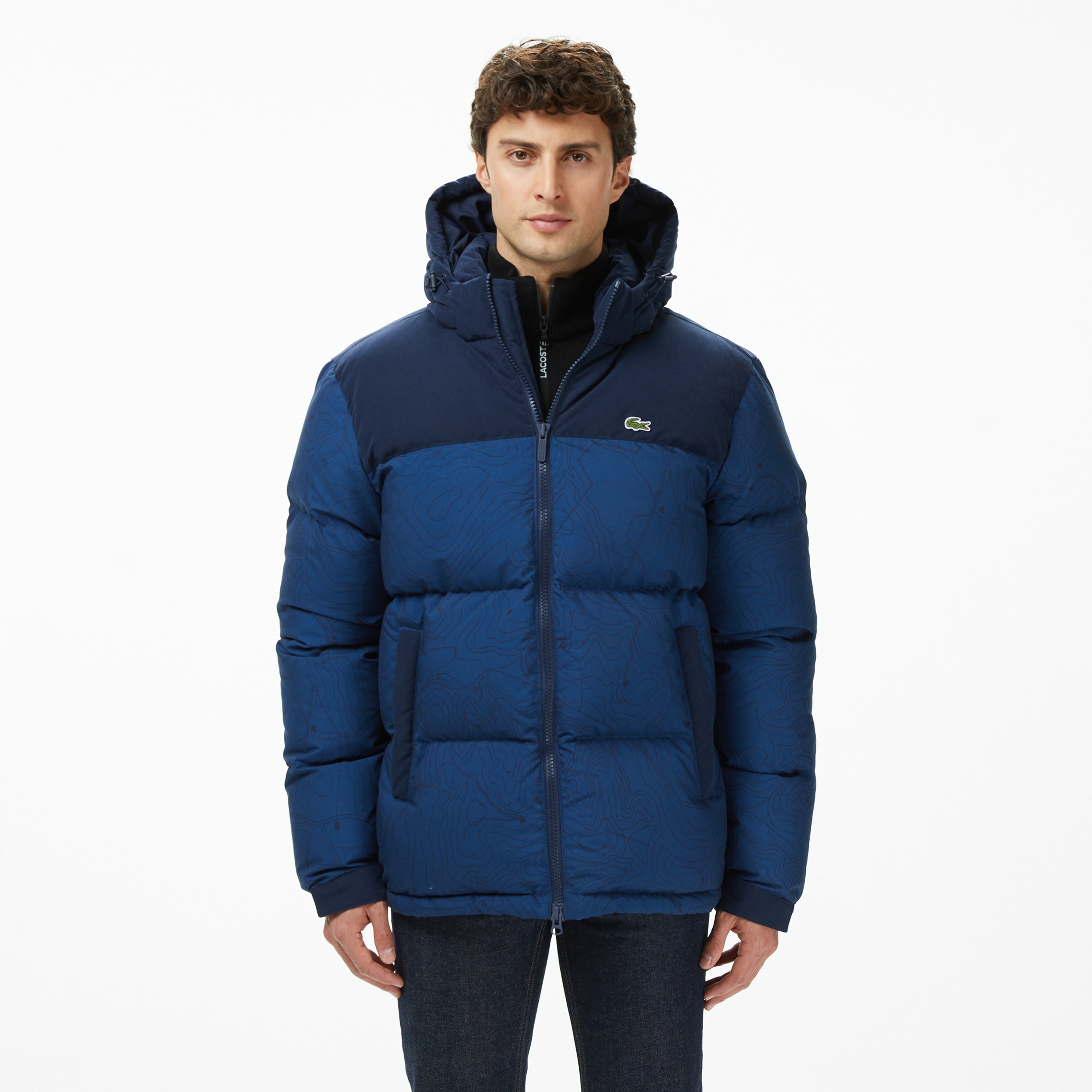 Erkek Kapüşonlu Renk Bloklu Lacivert Mont