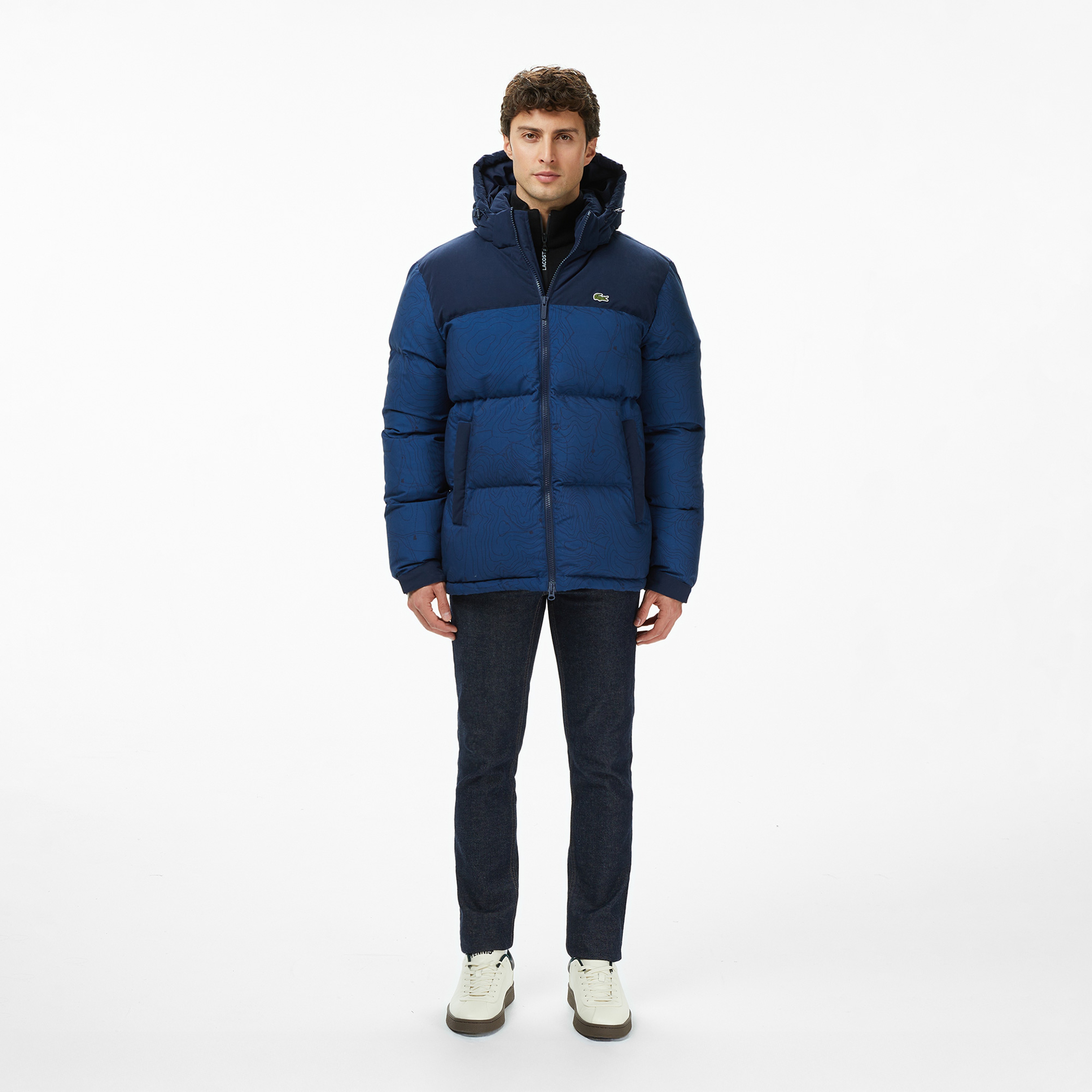 Erkek Kapüşonlu Renk Bloklu Lacivert Mont