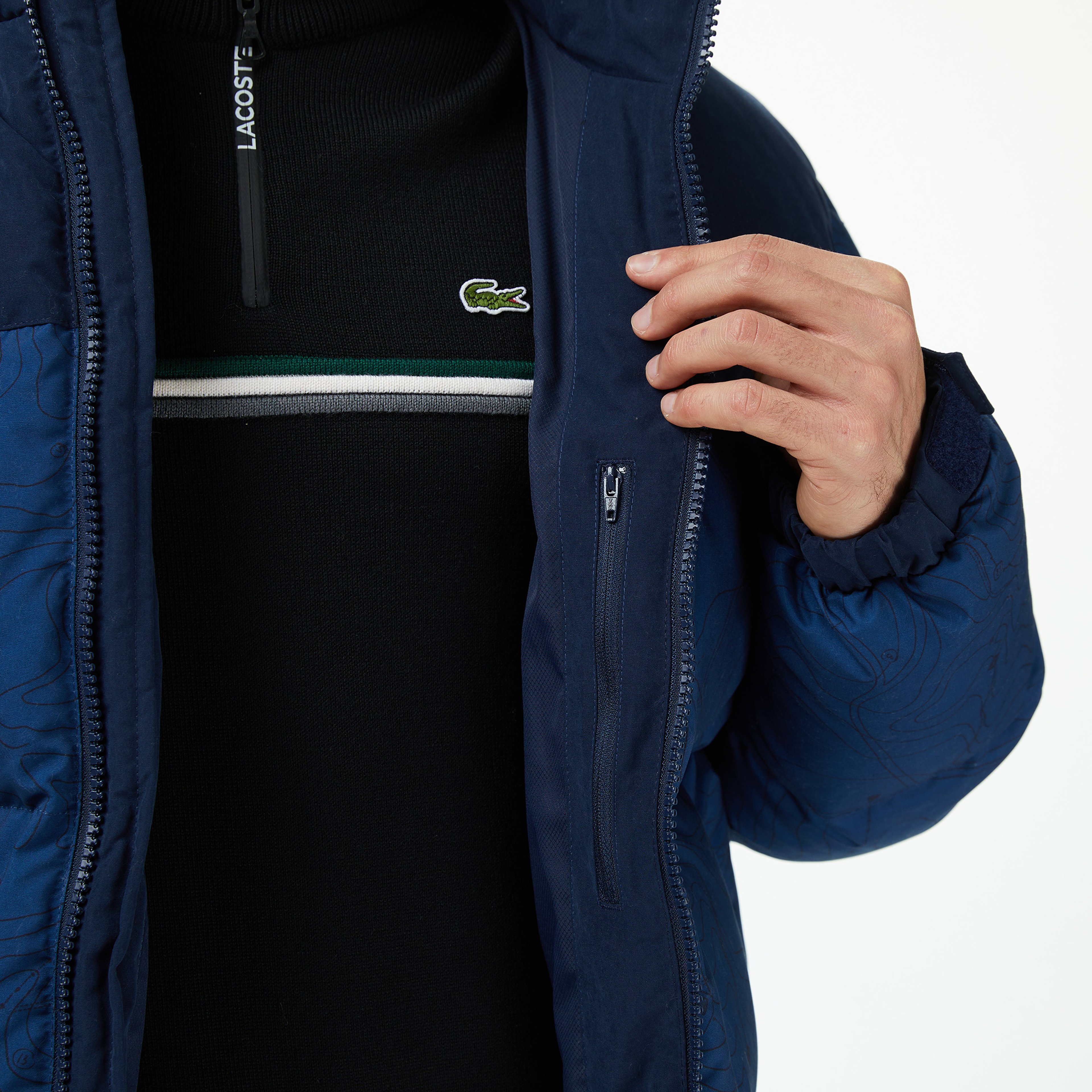 Erkek Kapüşonlu Renk Bloklu Lacivert Mont