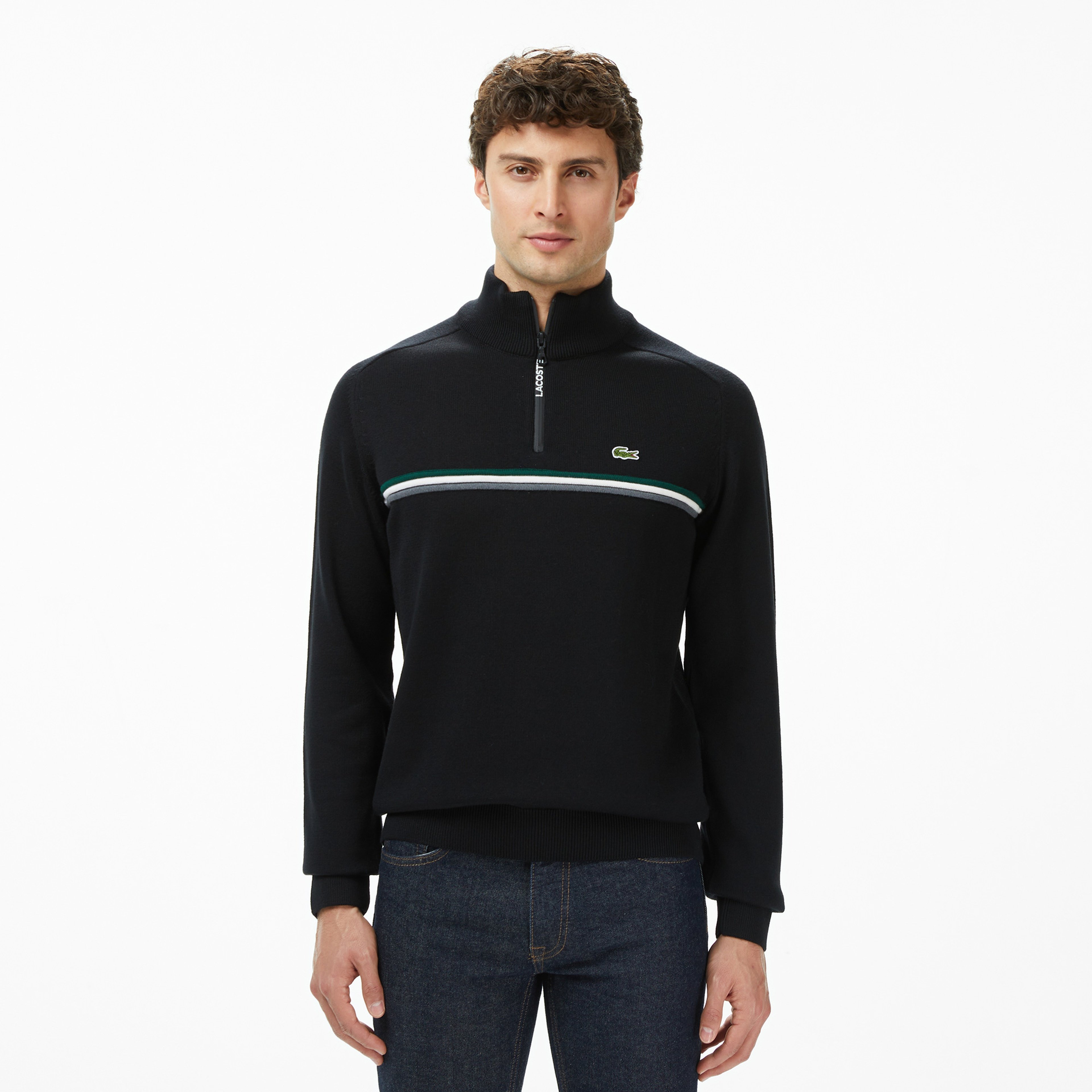 Erkek Classic Fit Yarım Fermuarlı Çizgili Siyah Kazak