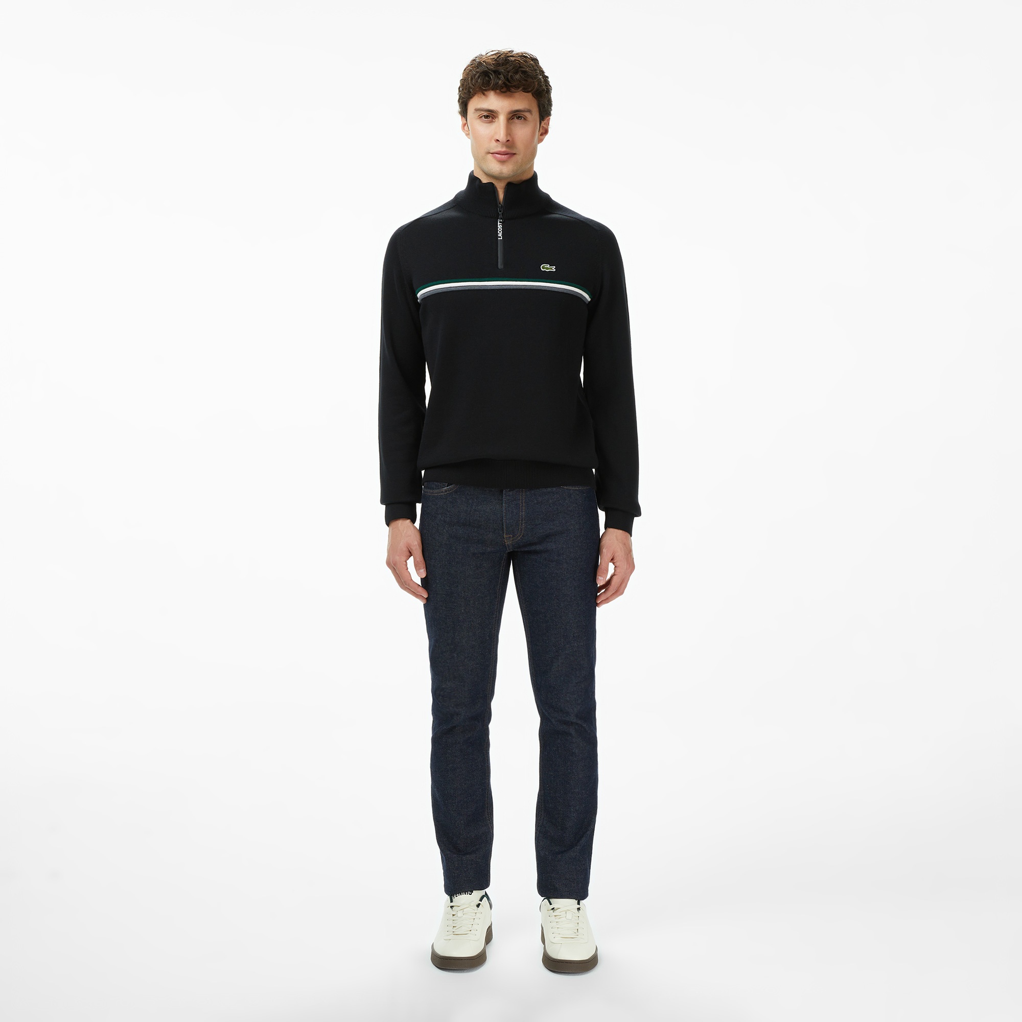 Erkek Classic Fit Yarım Fermuarlı Çizgili Siyah Kazak