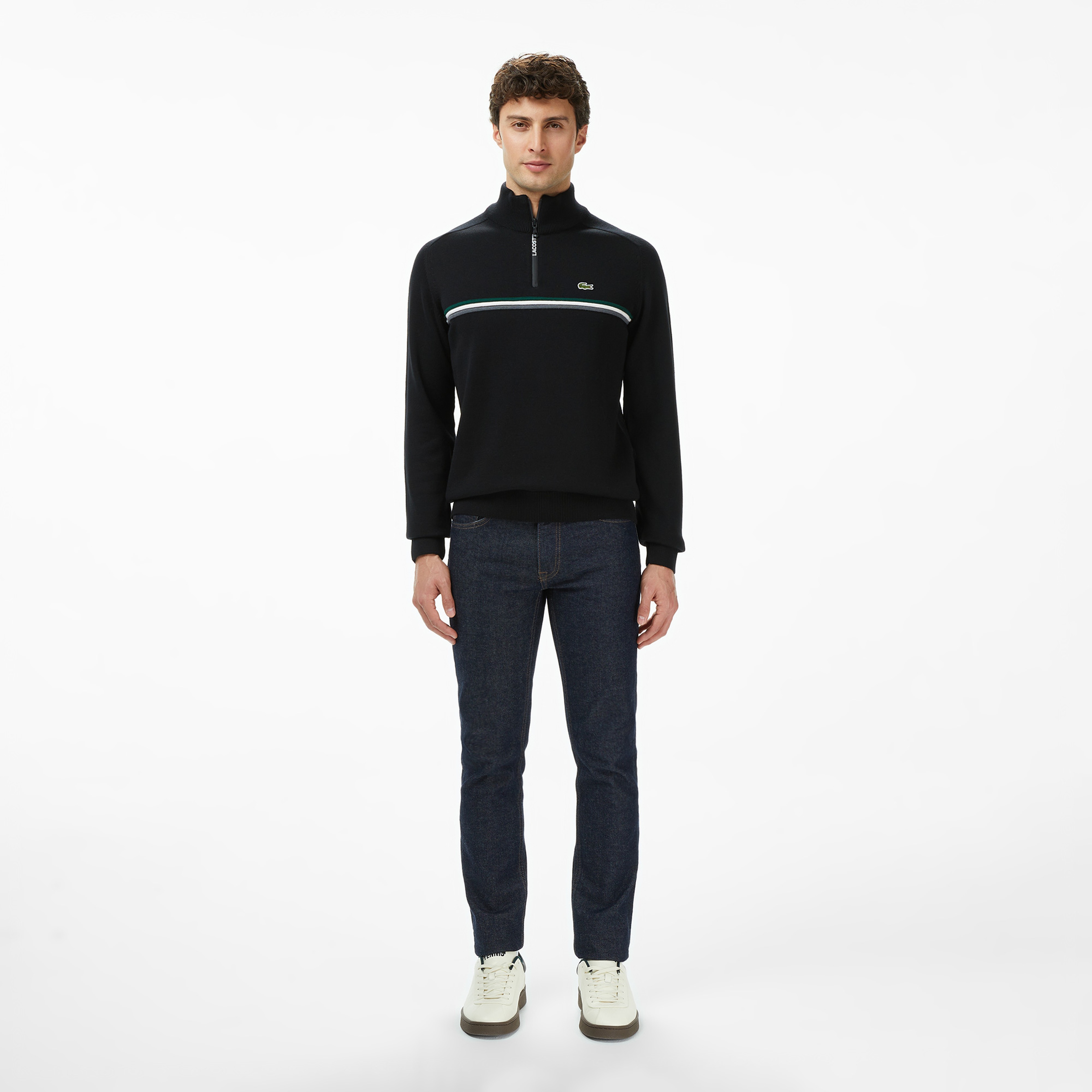 Erkek Classic Fit Yarım Fermuarlı Çizgili Siyah Kazak