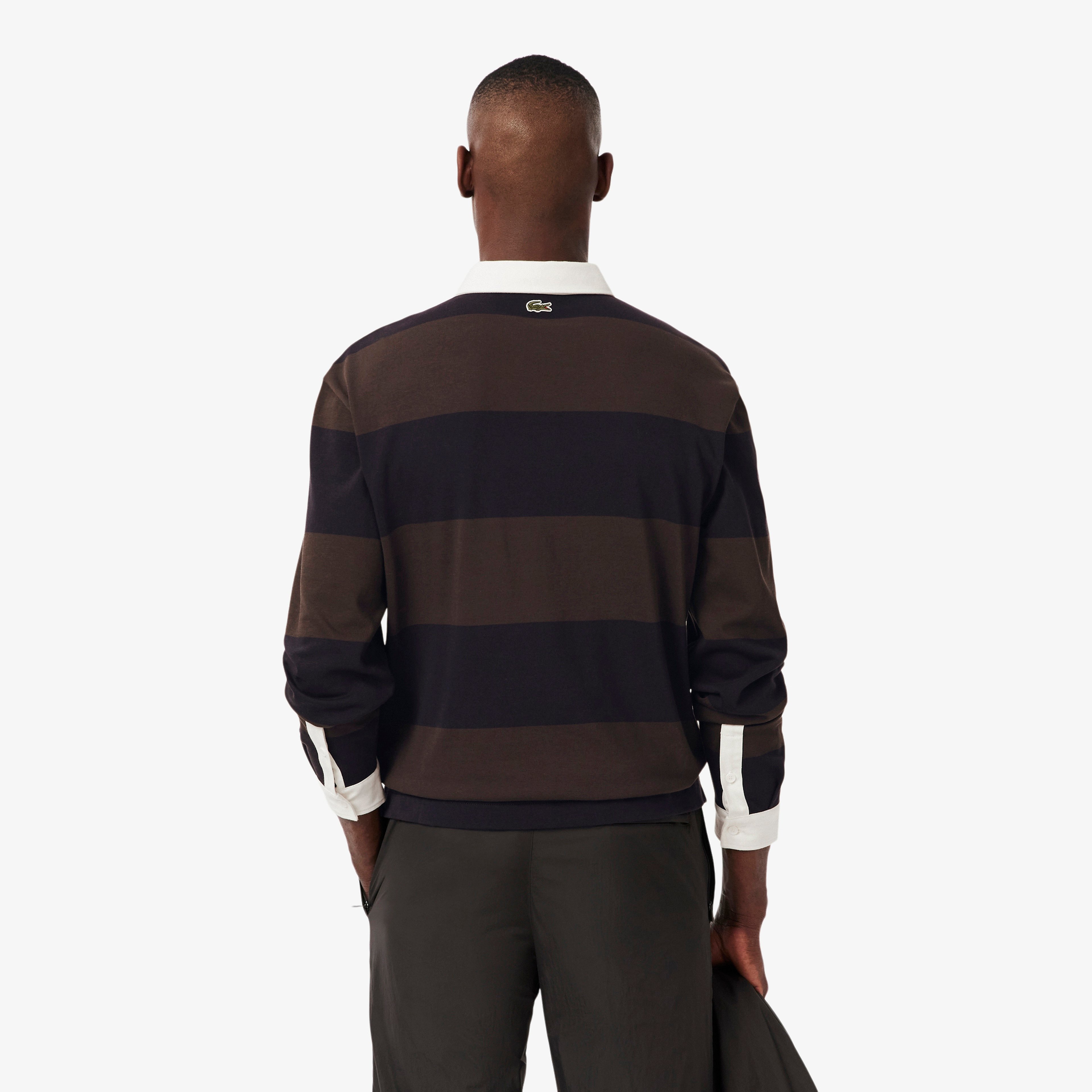 Erkek Relaxed Fit Çizgili Kahverengi Rugby Polo