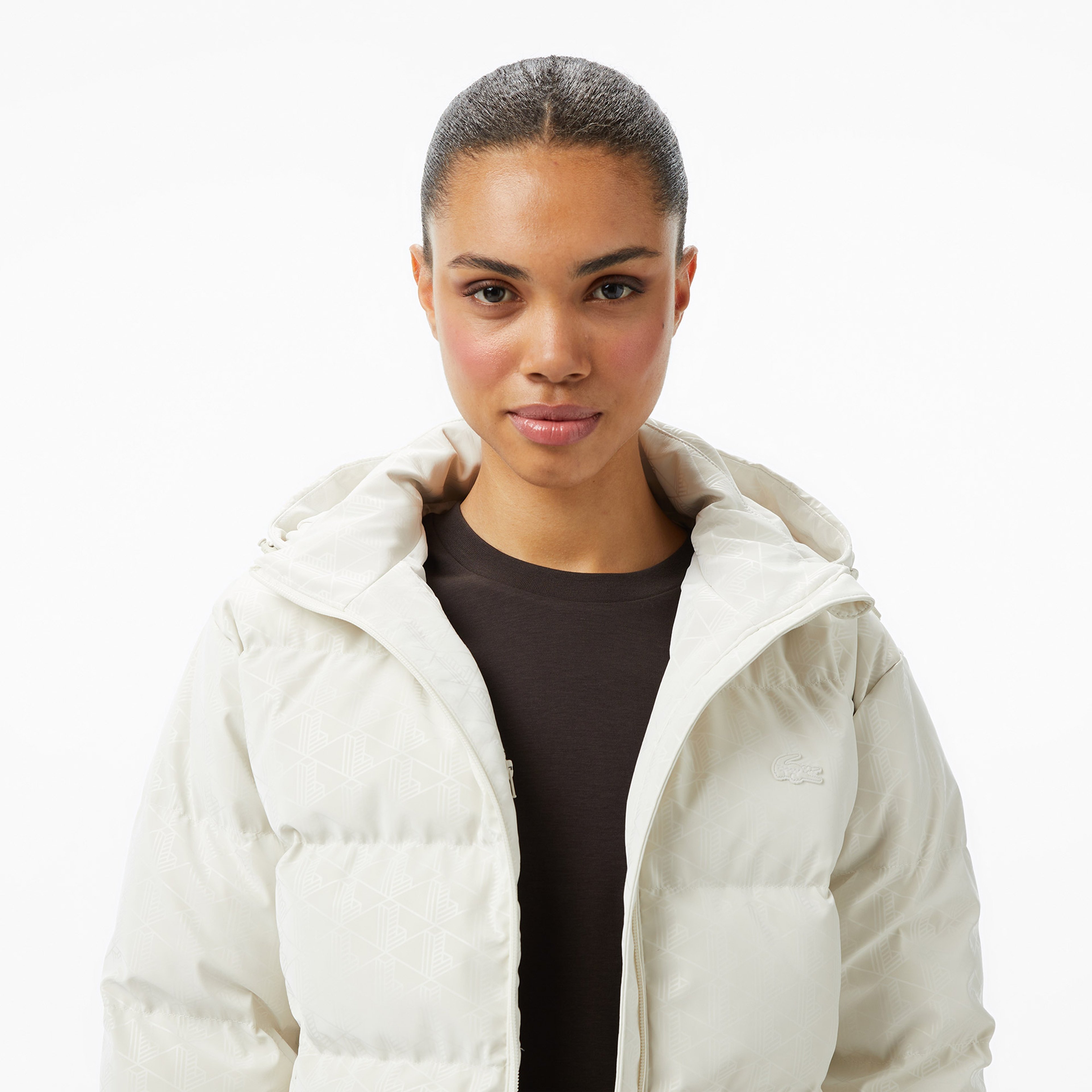 Kadın Kapüşonlu Monogram Beyaz Mont