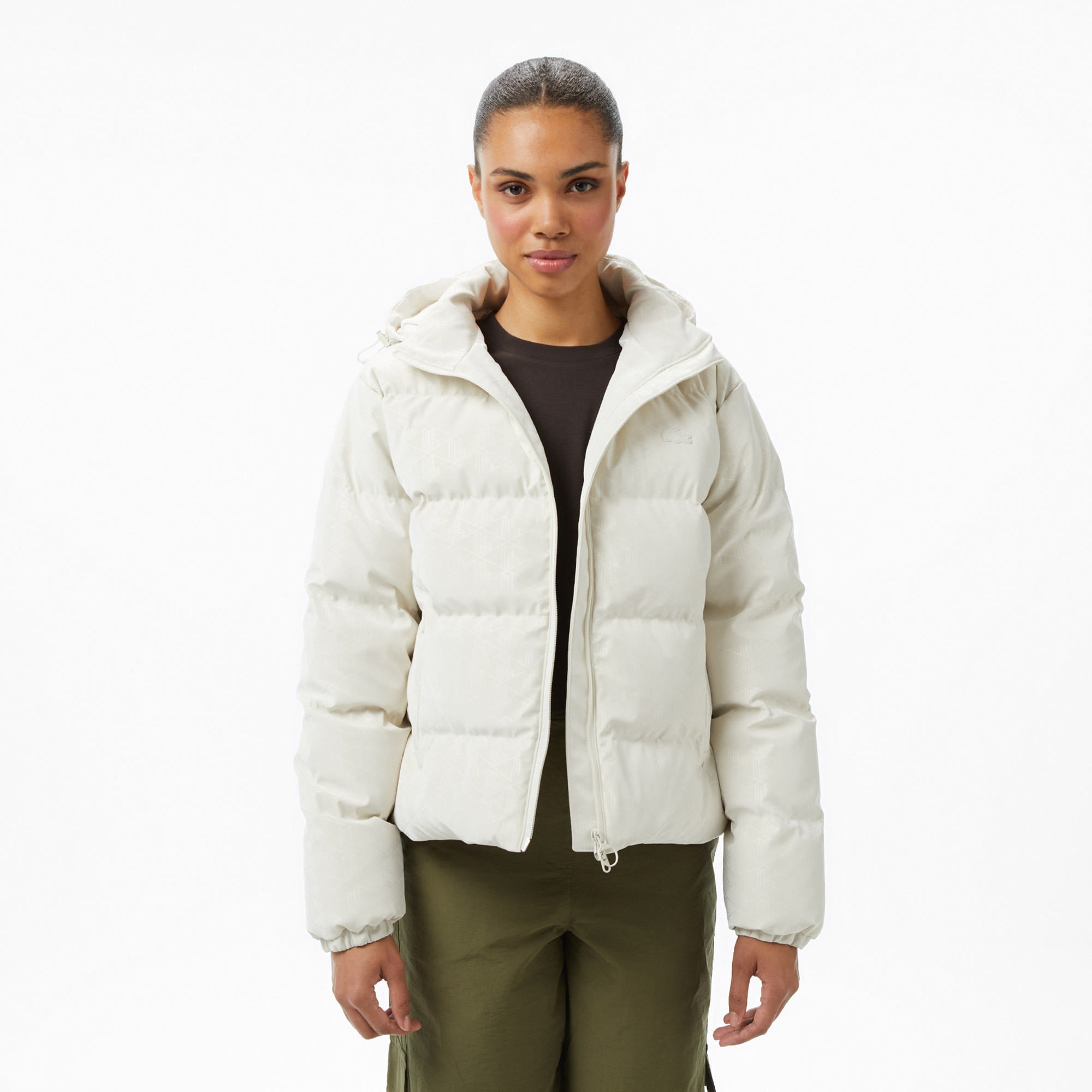 Kadın Kapüşonlu Monogram Beyaz Mont