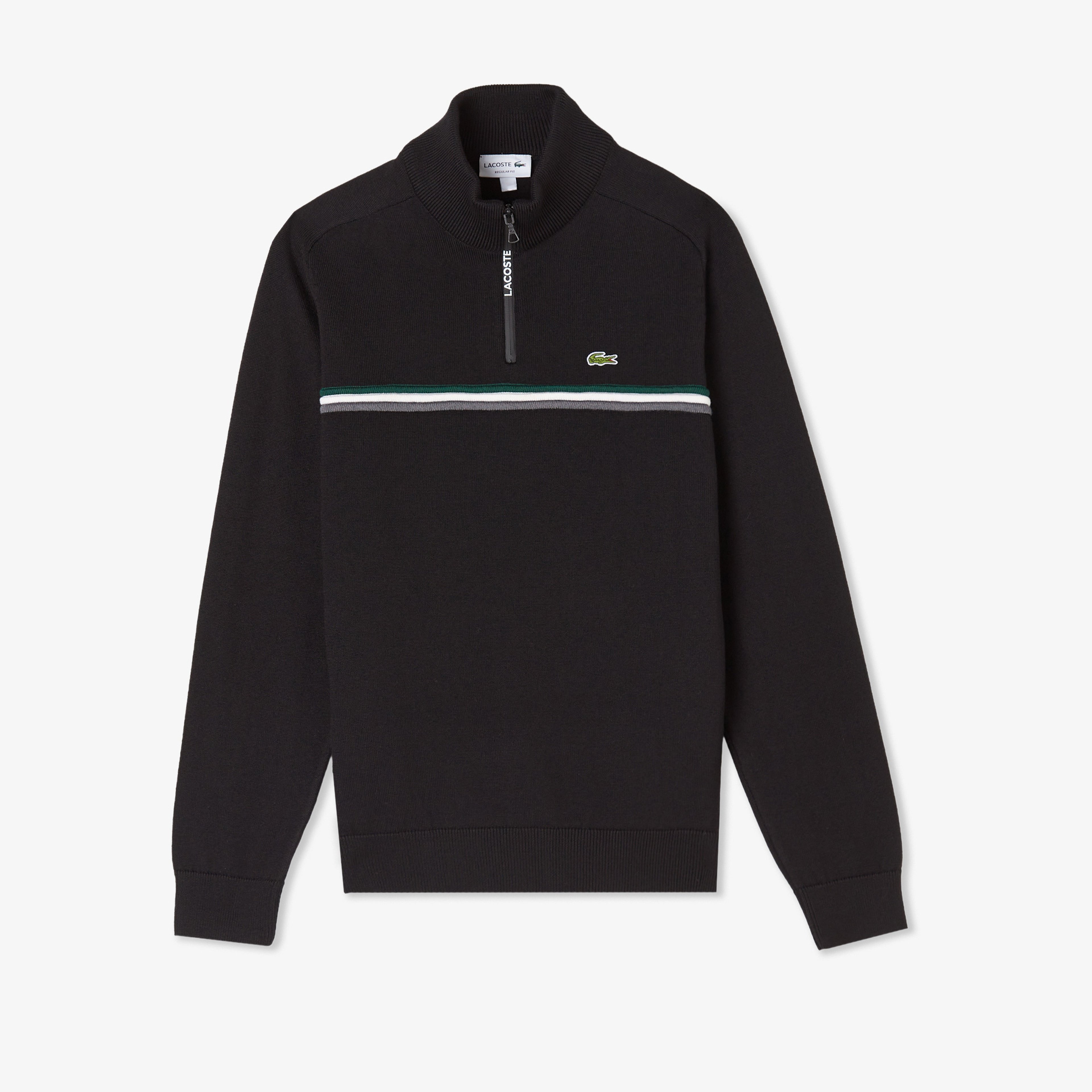 Erkek Classic Fit Yarım Fermuarlı Çizgili Siyah Kazak