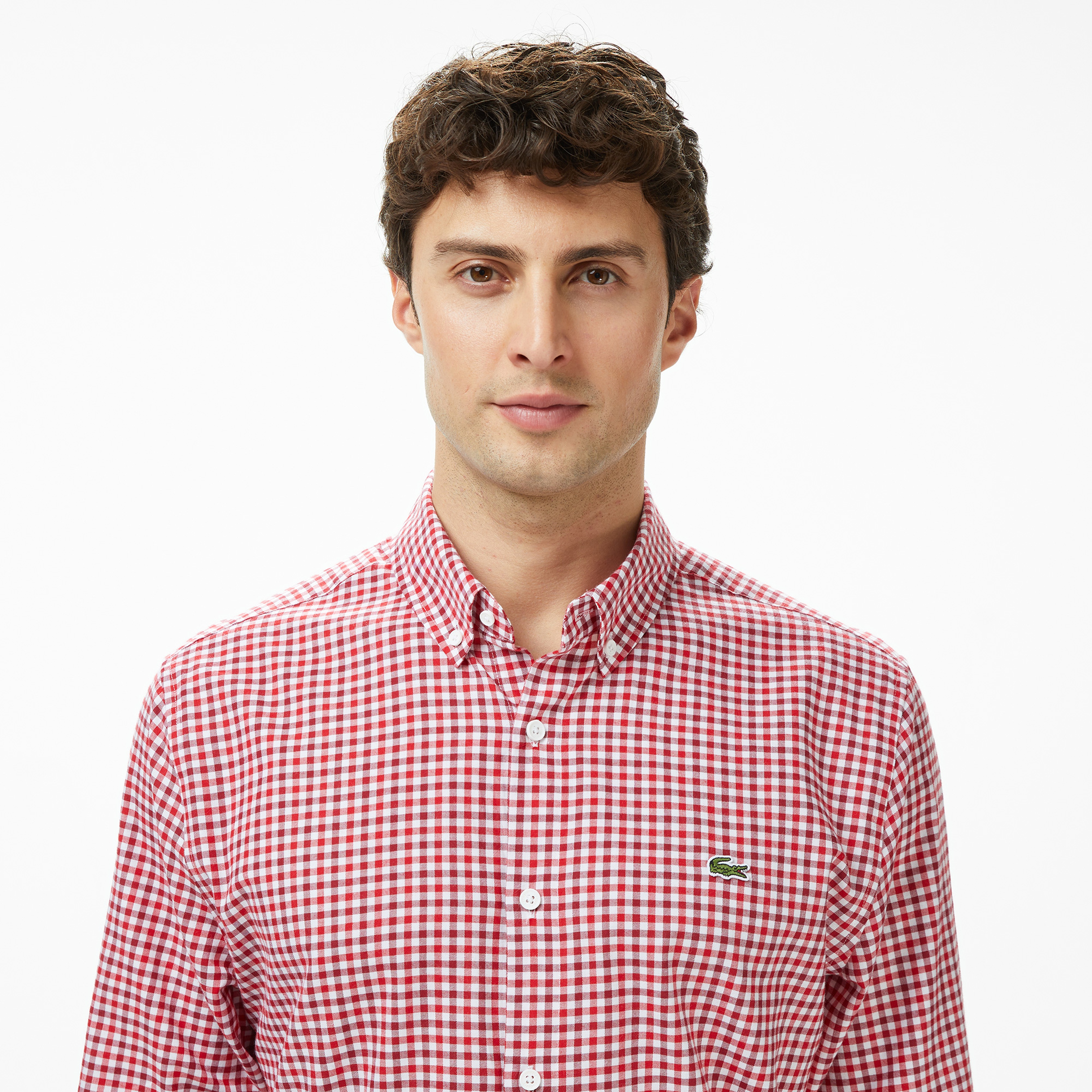 Erkek Regular Fit Düğmeli Yaka Kareli Kırmızı Gömlek