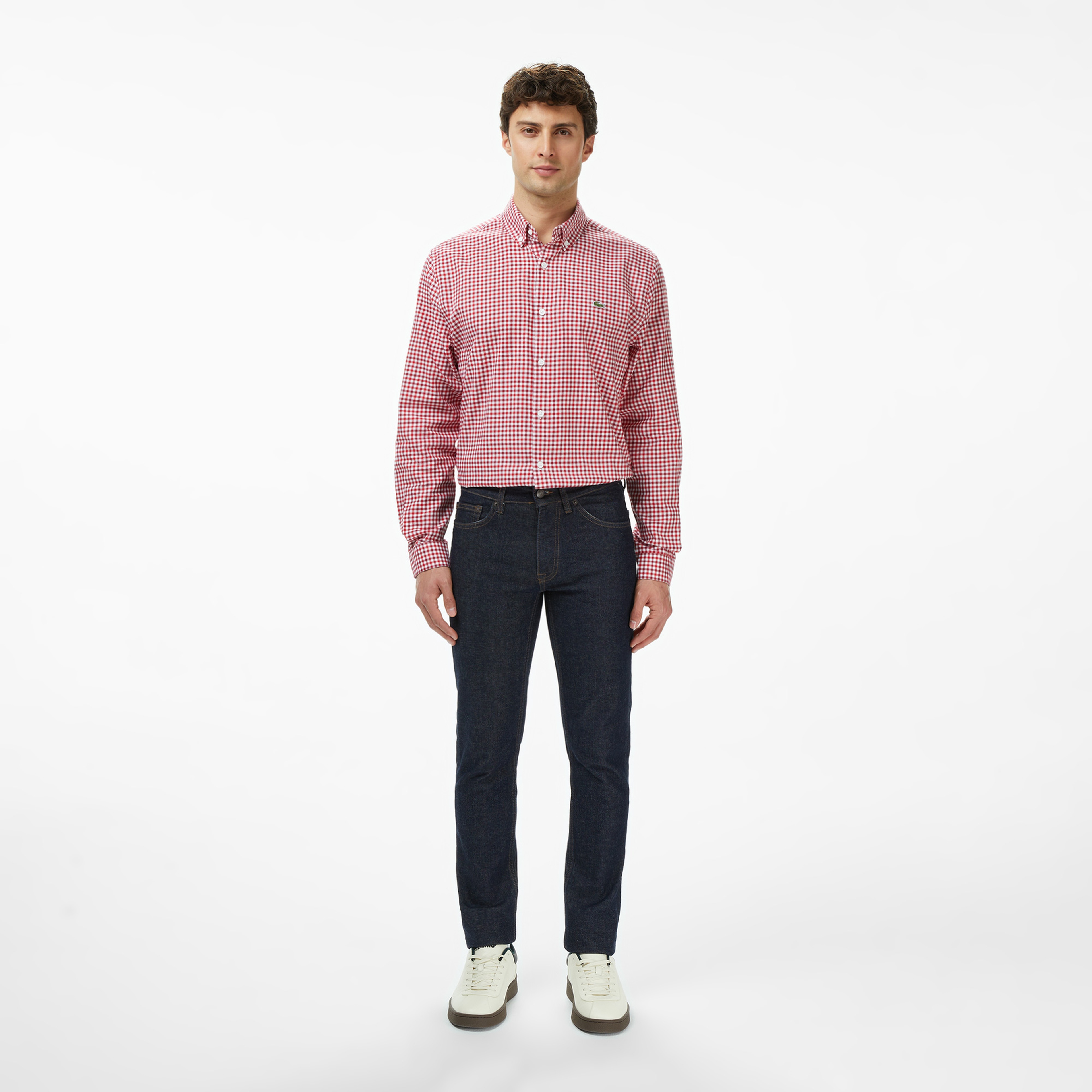 Erkek Regular Fit Düğmeli Yaka Kareli Kırmızı Gömlek