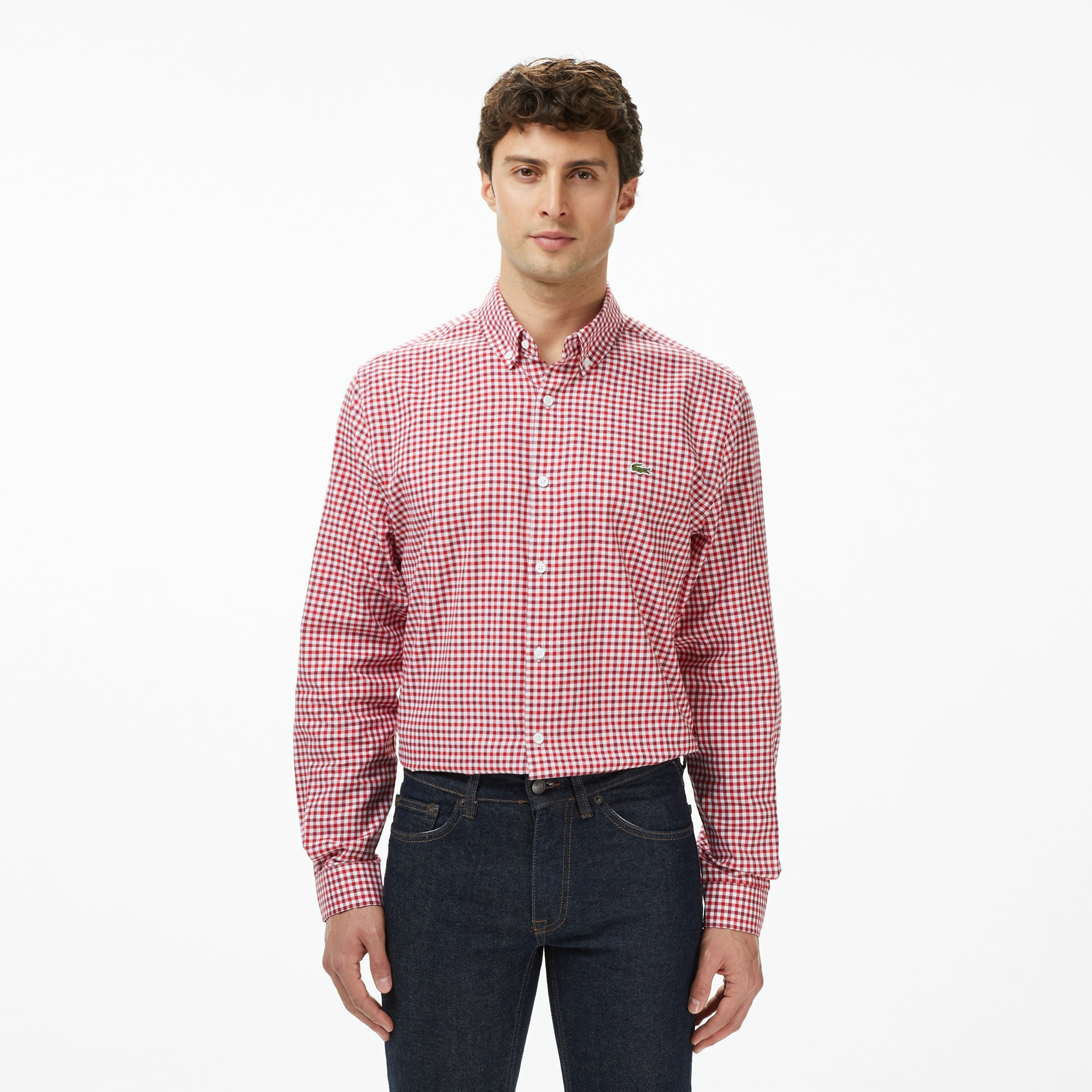 Erkek Regular Fit Düğmeli Yaka Kareli Kırmızı Gömlek