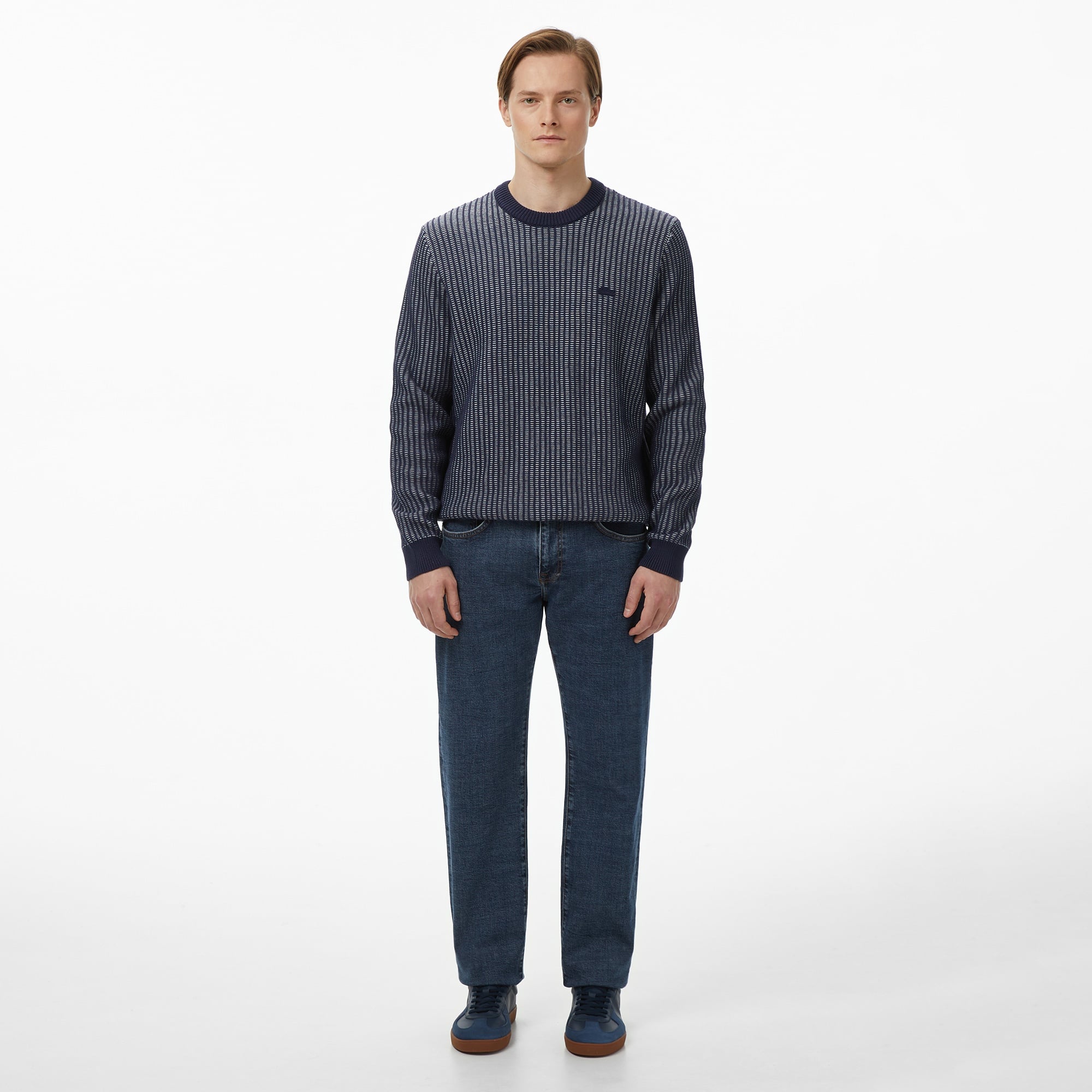 Erkek Classic Fit Bisiklet Yaka Desenli Lacivert Kazak