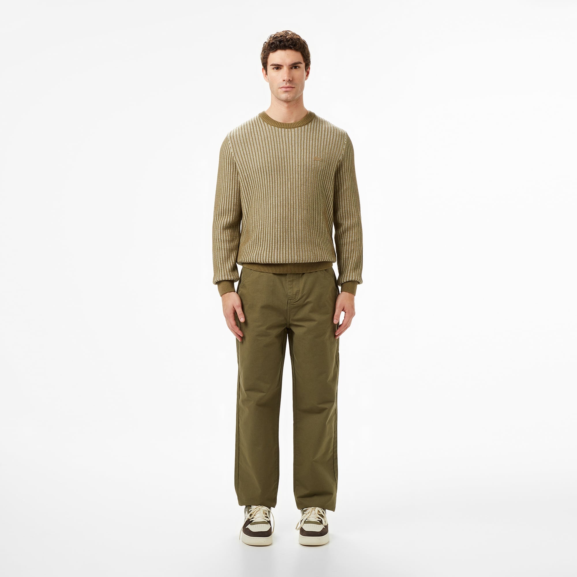 Erkek Classic Fit Bisiklet Yaka Desenli Haki Kazak