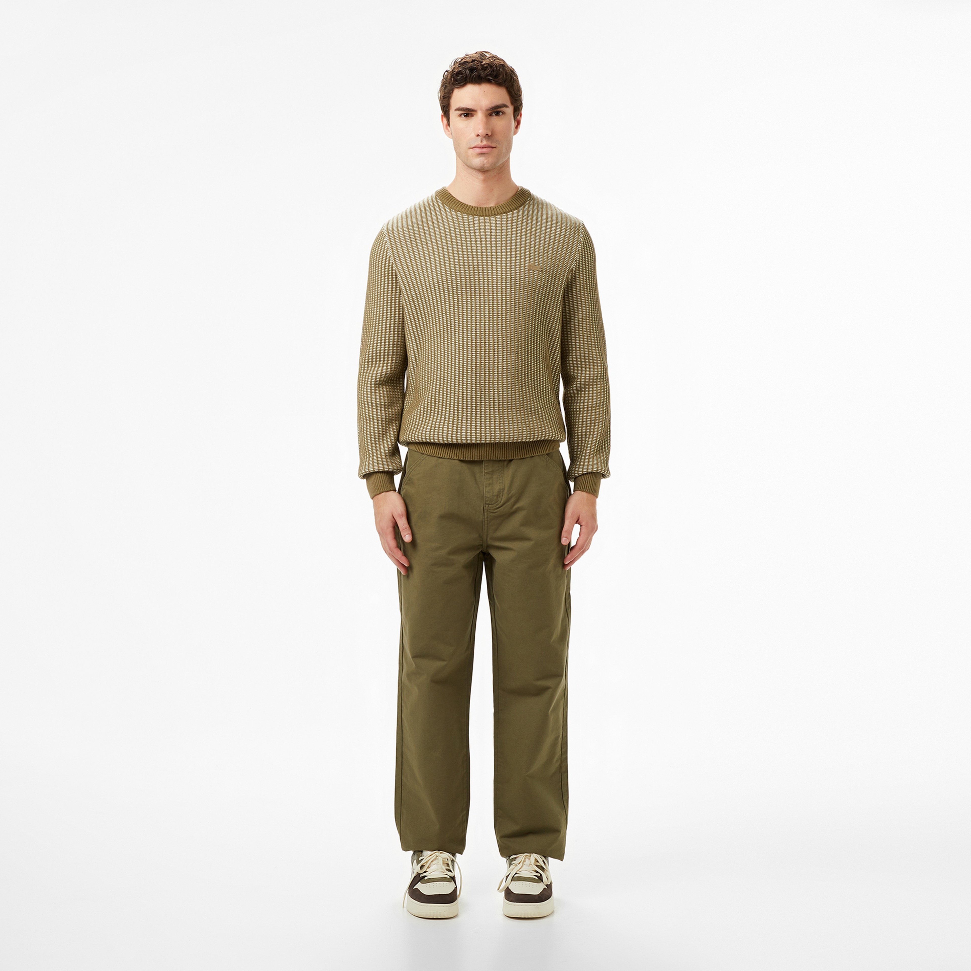 Erkek Classic Fit Bisiklet Yaka Desenli Haki Kazak