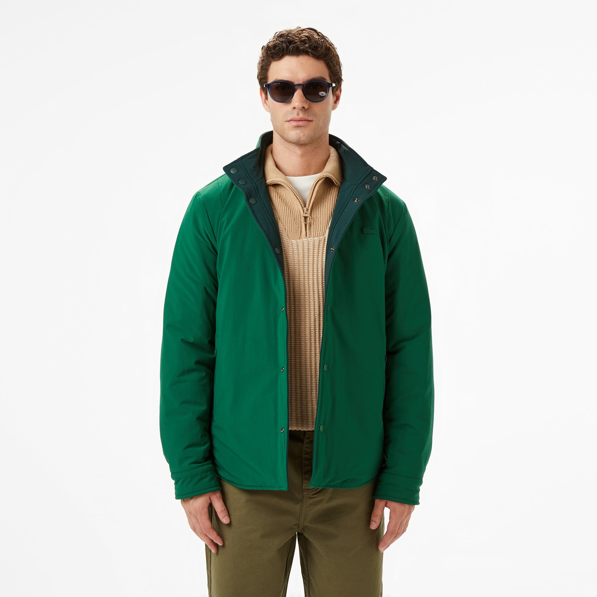 Erkek Dik Yaka Çift Taraflı Koyu Yeşil Mont