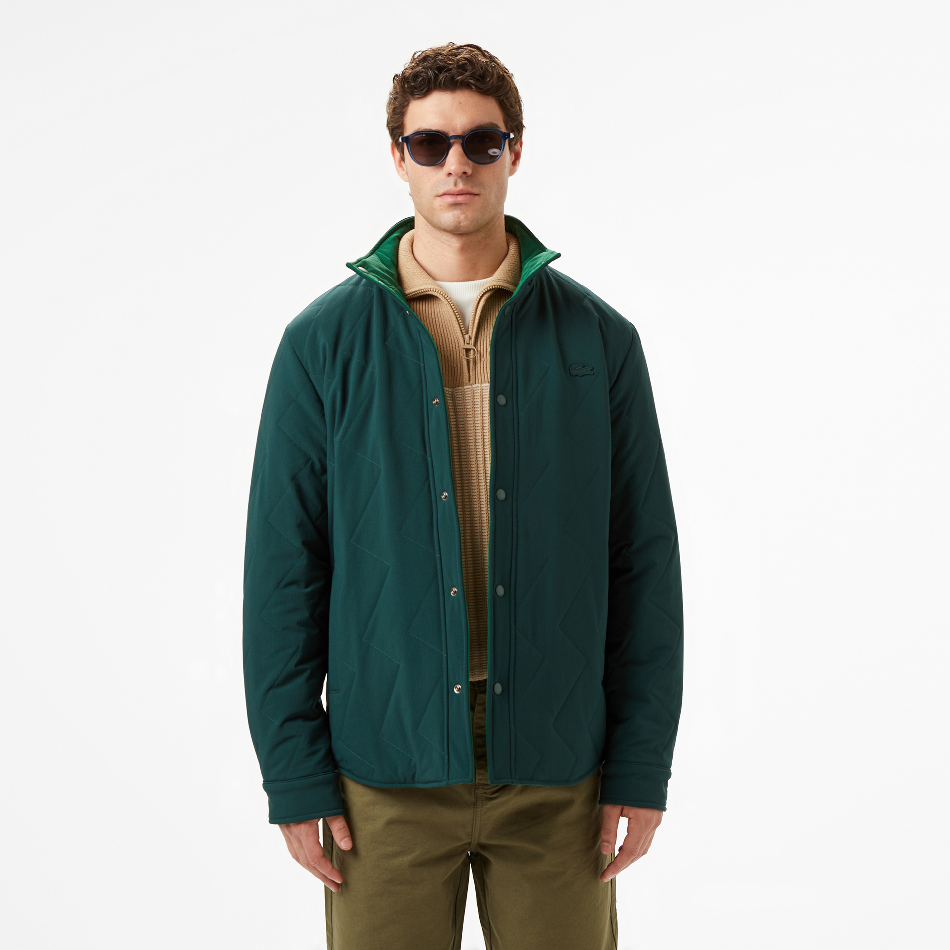 Erkek Dik Yaka Çift Taraflı Koyu Yeşil Mont