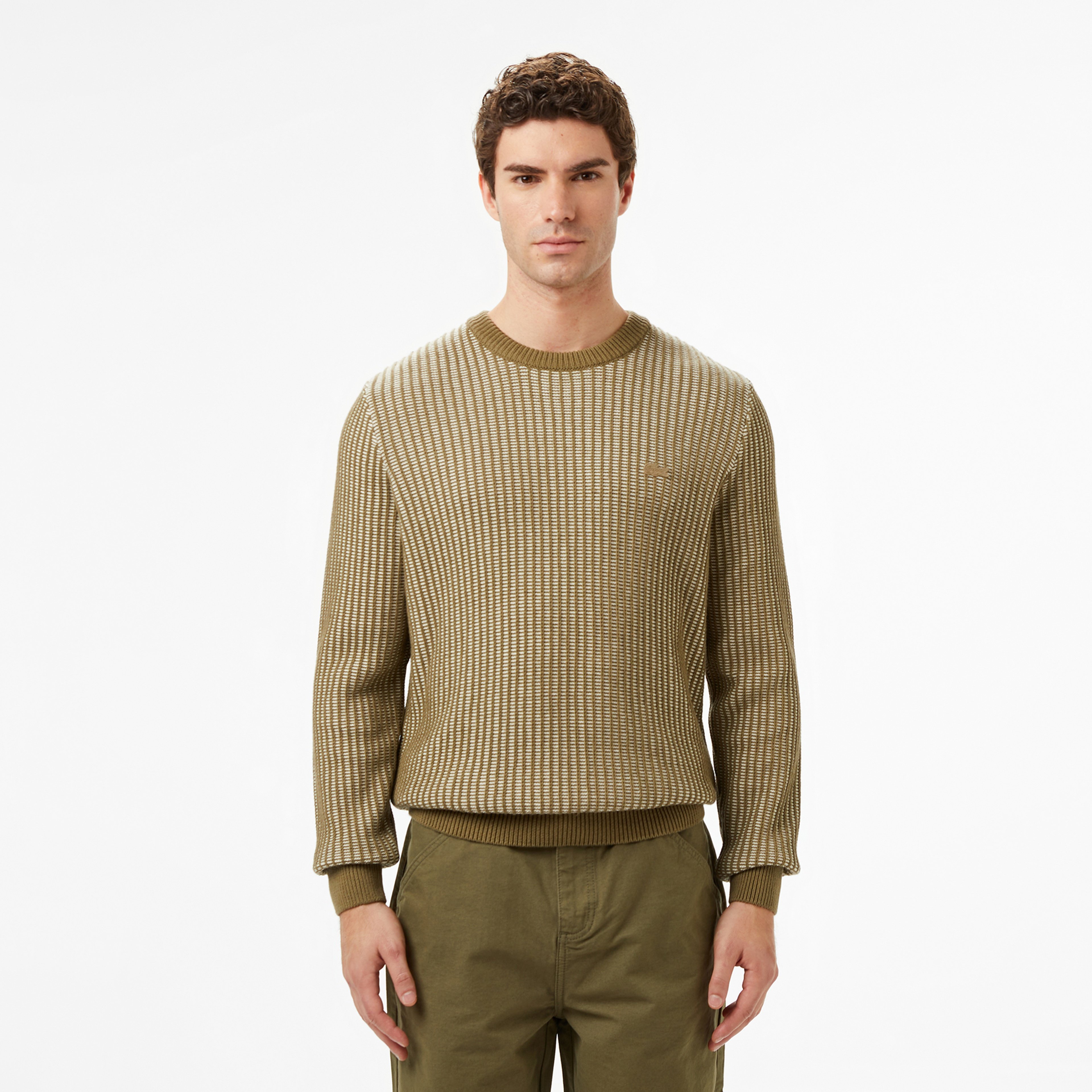 Erkek Classic Fit Bisiklet Yaka Desenli Haki Kazak