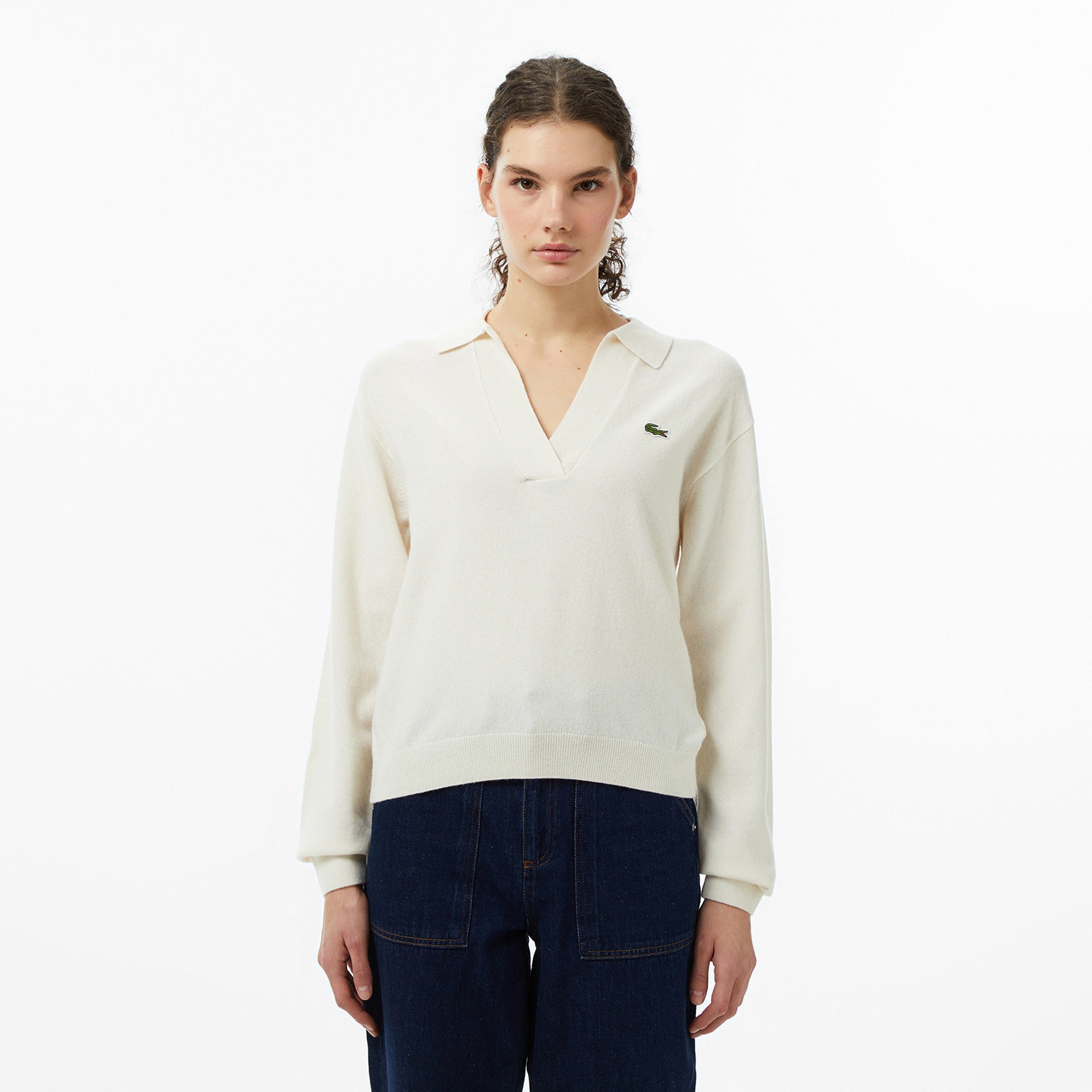 Kadın Classic Fit Polo Yaka Krem Kazak