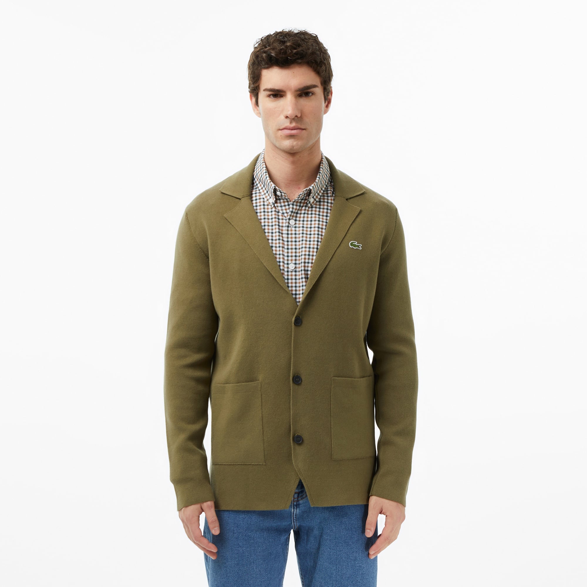 Erkek Classic Fit V Yaka Haki Hırka