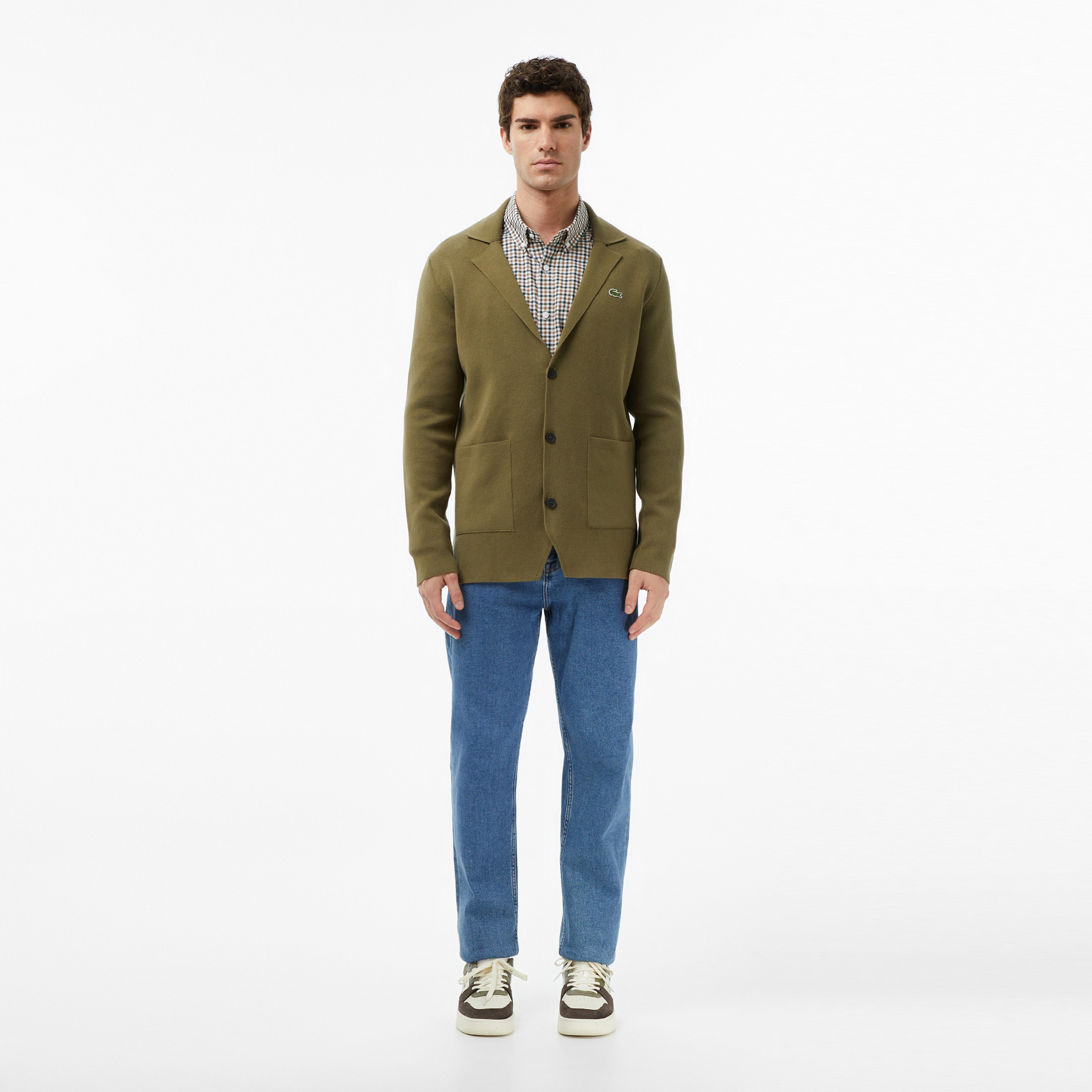 Erkek Classic Fit V Yaka Haki Hırka