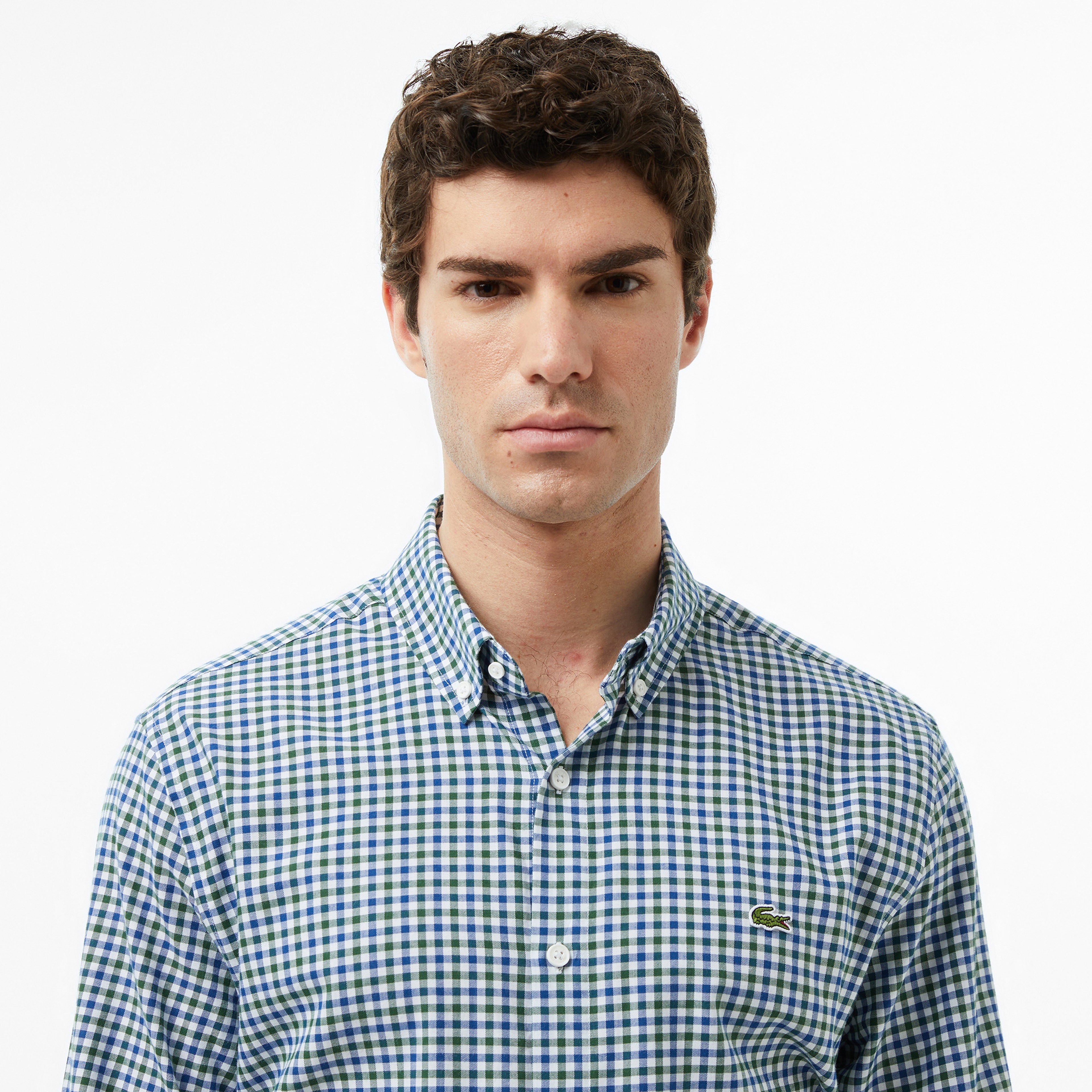 Erkek Regular Fit Düğmeli Yaka Kareli Lacivert Gömlek