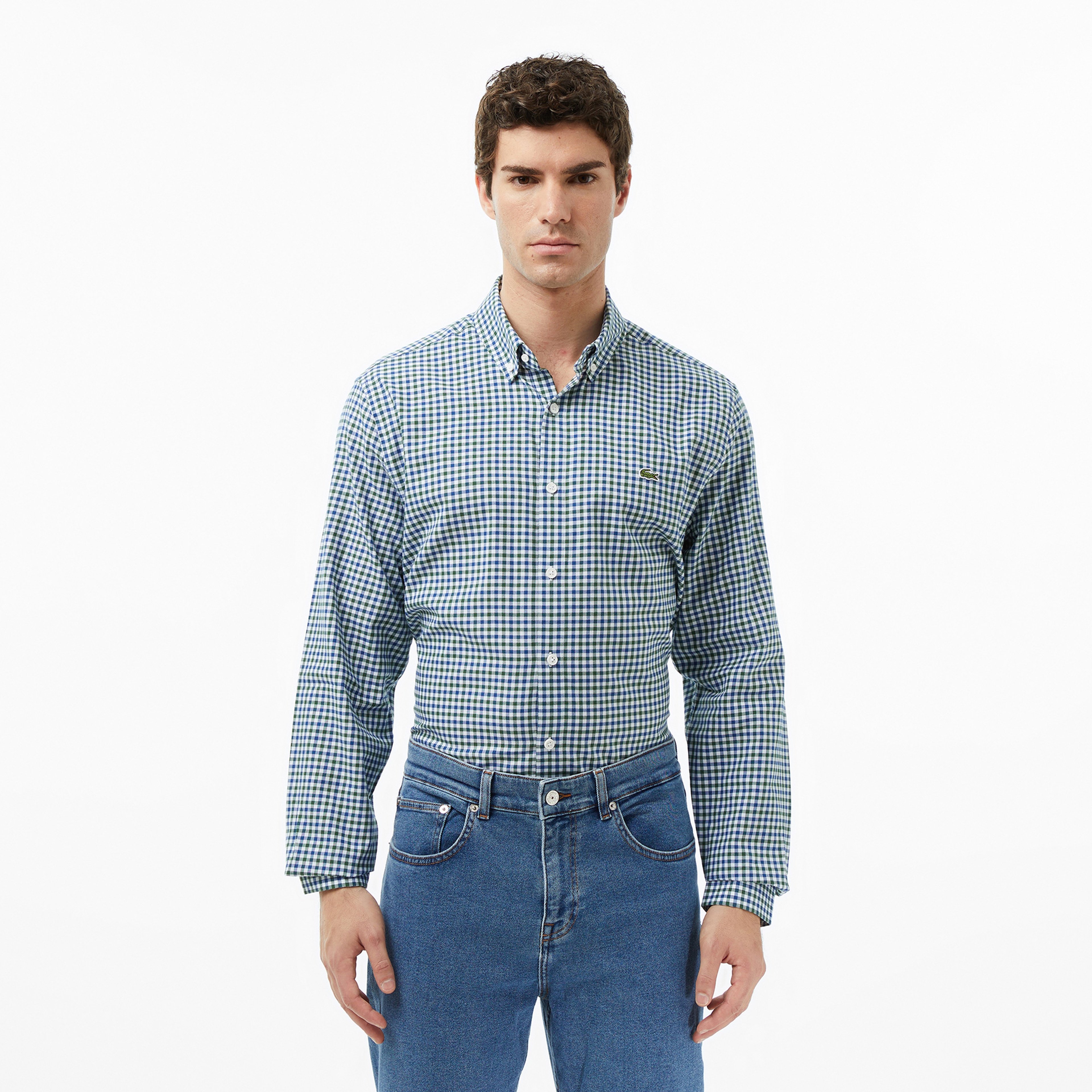 Erkek Regular Fit Düğmeli Yaka Kareli Lacivert Gömlek