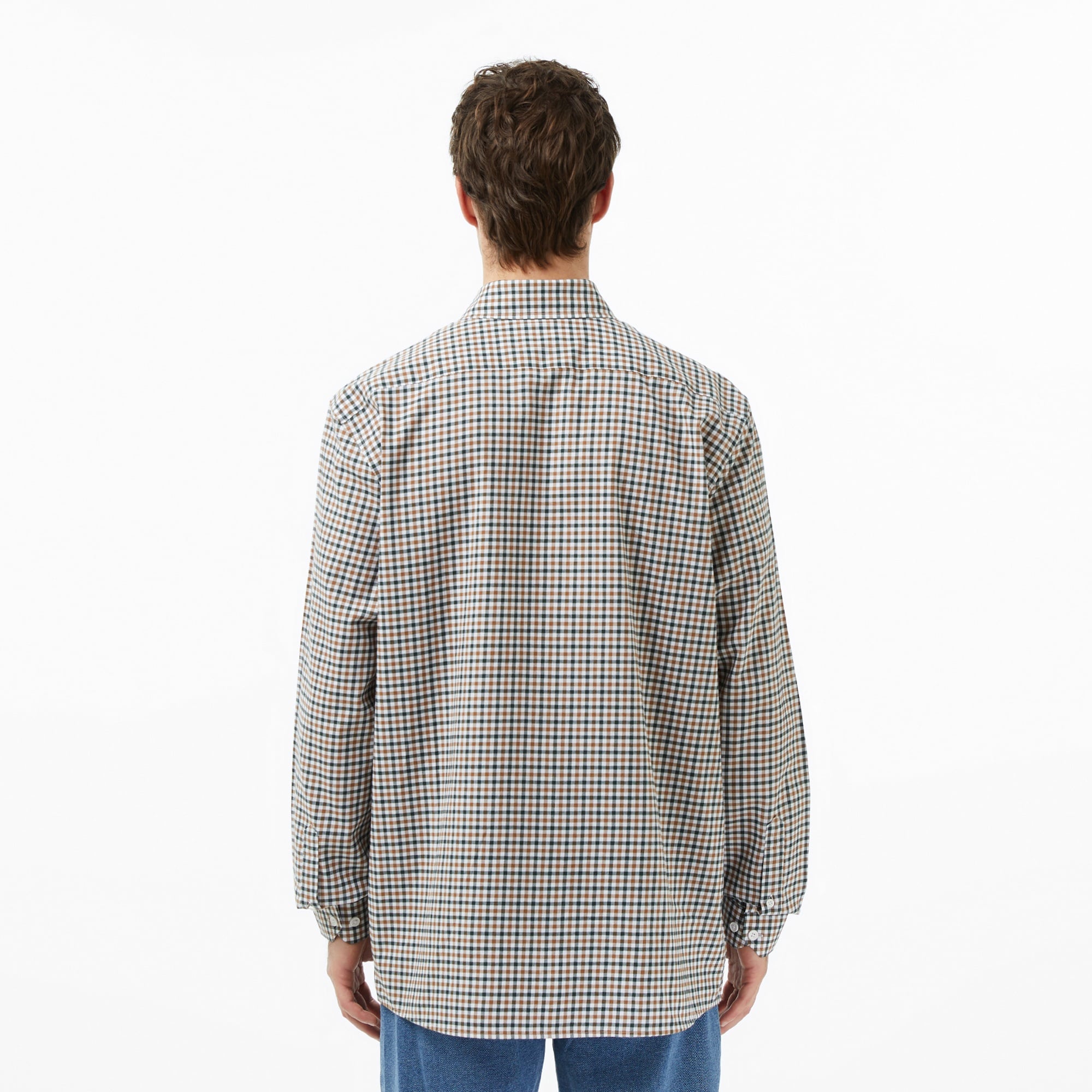 Erkek Regular Fit Düğmeli Yaka Kareli Kahverengi Gömlek