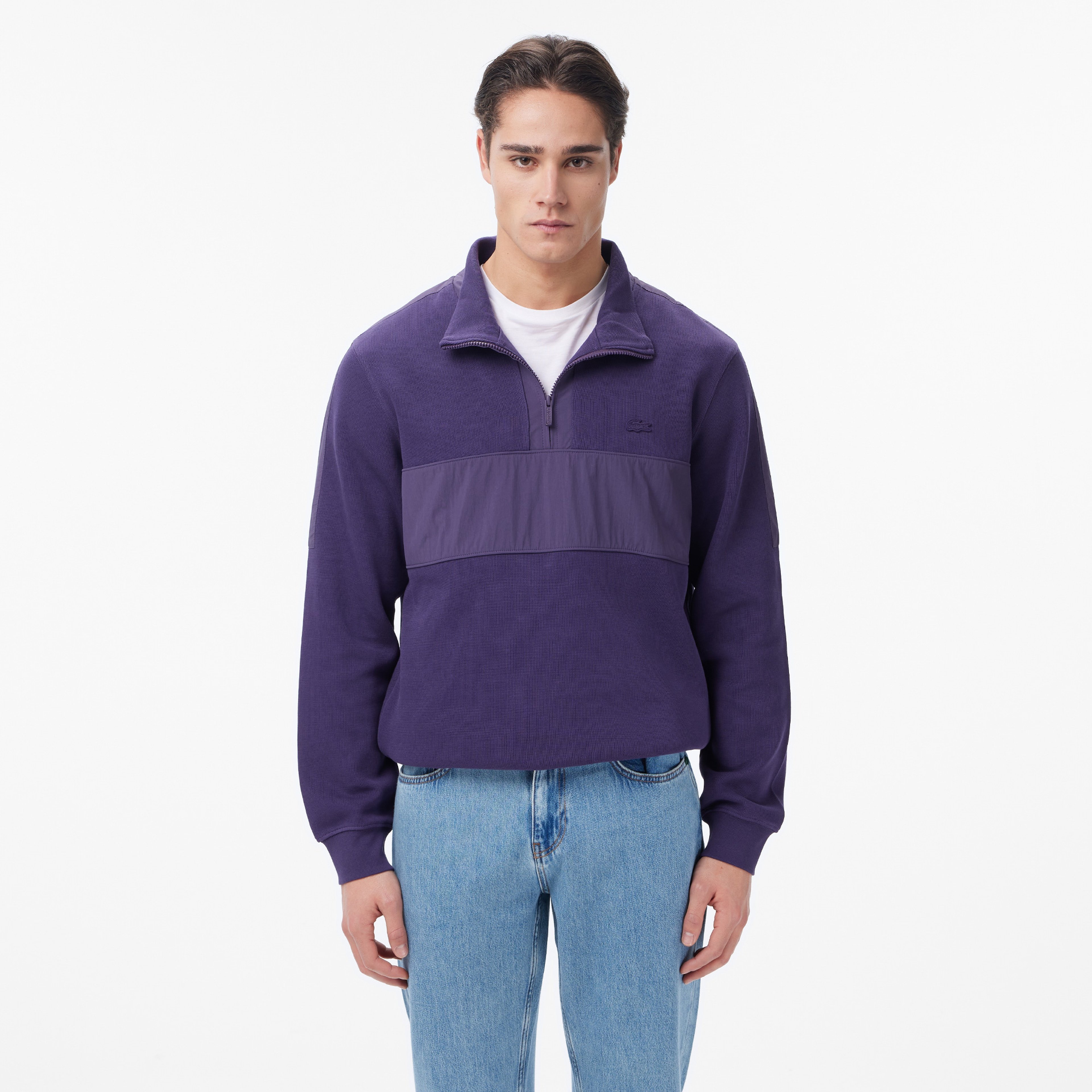 Erkek Classic Fit Yarım Fermuarlı Mor Sweatshirt