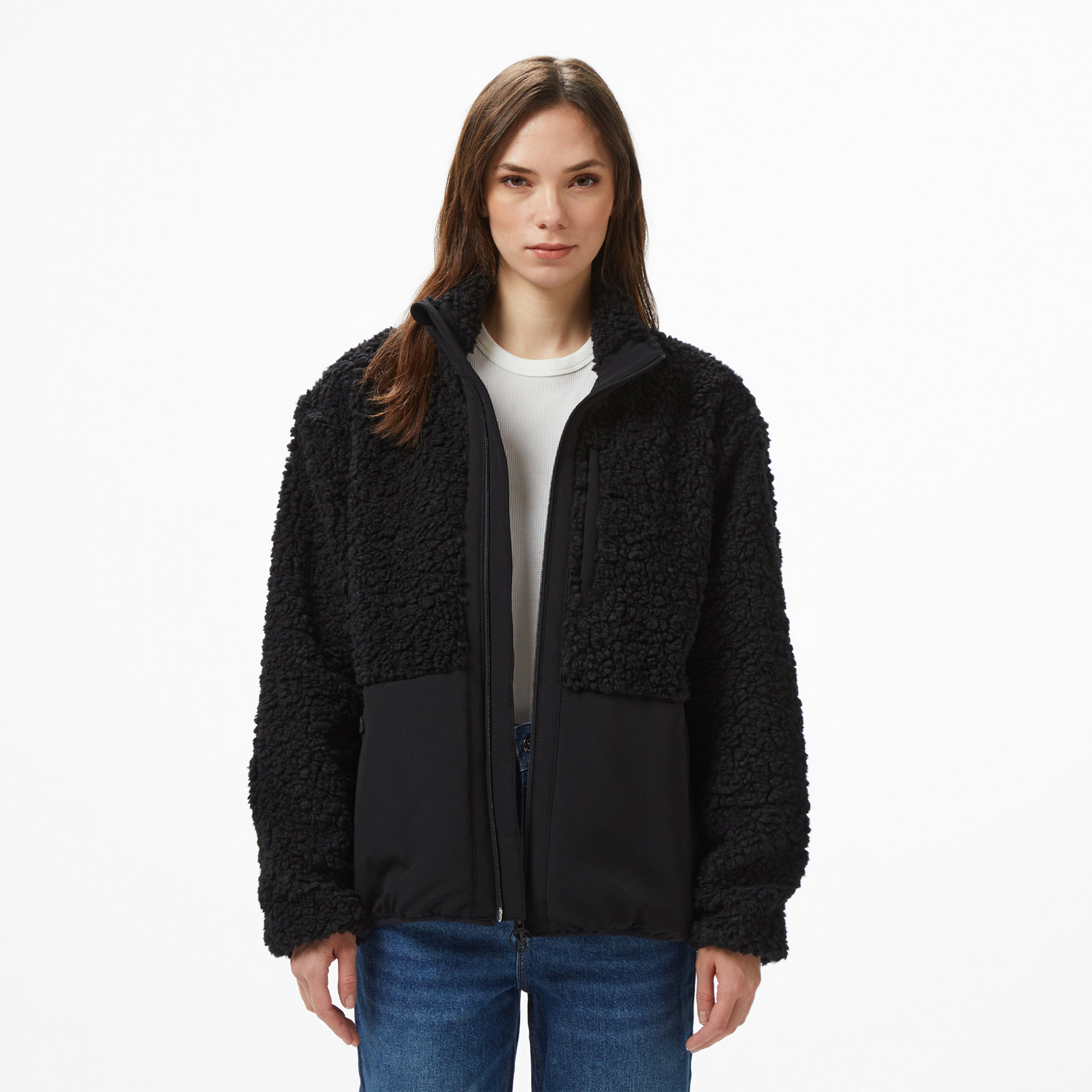 Kadın Dik Yaka Renk Bloklu Siyah Ceket