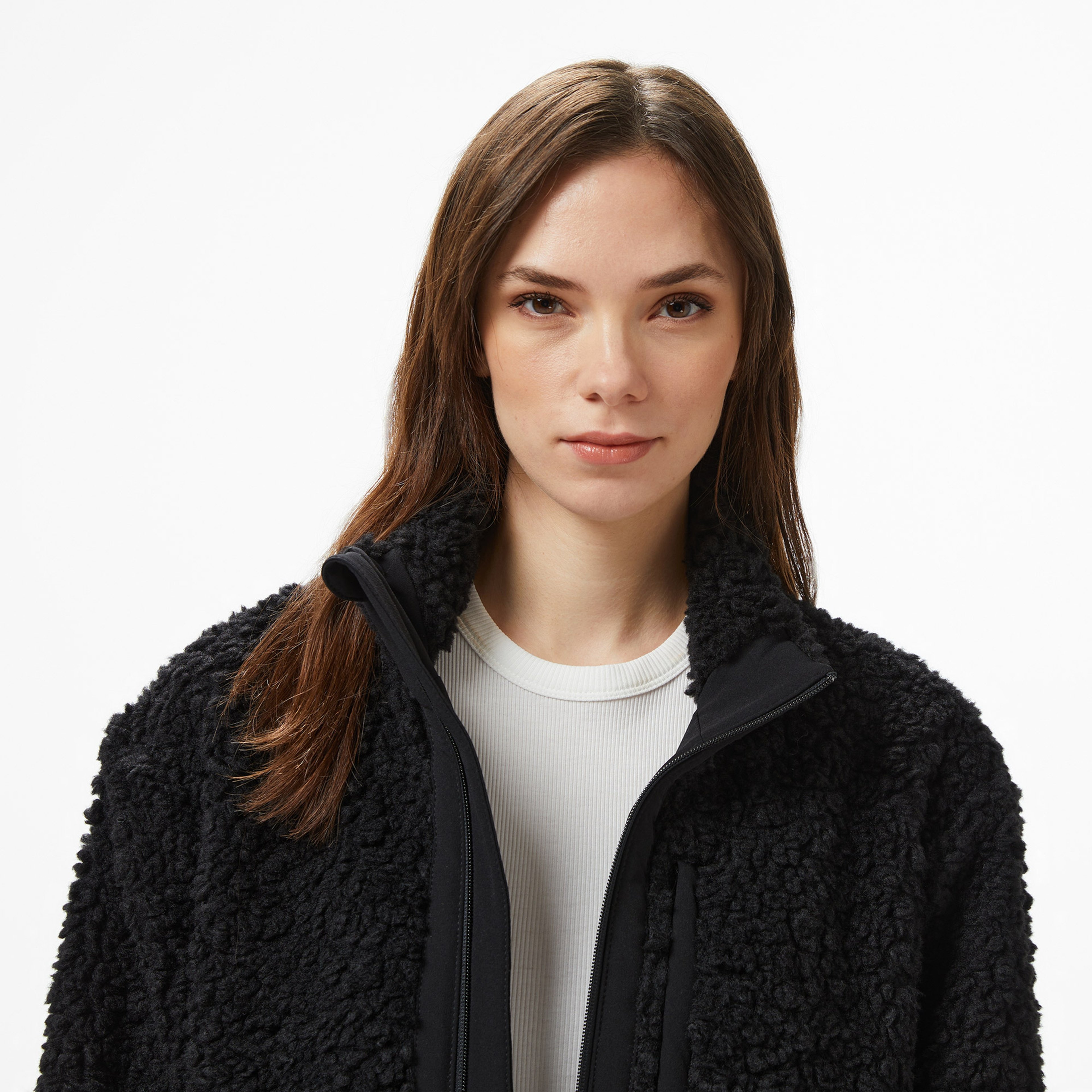 Kadın Dik Yaka Renk Bloklu Siyah Ceket