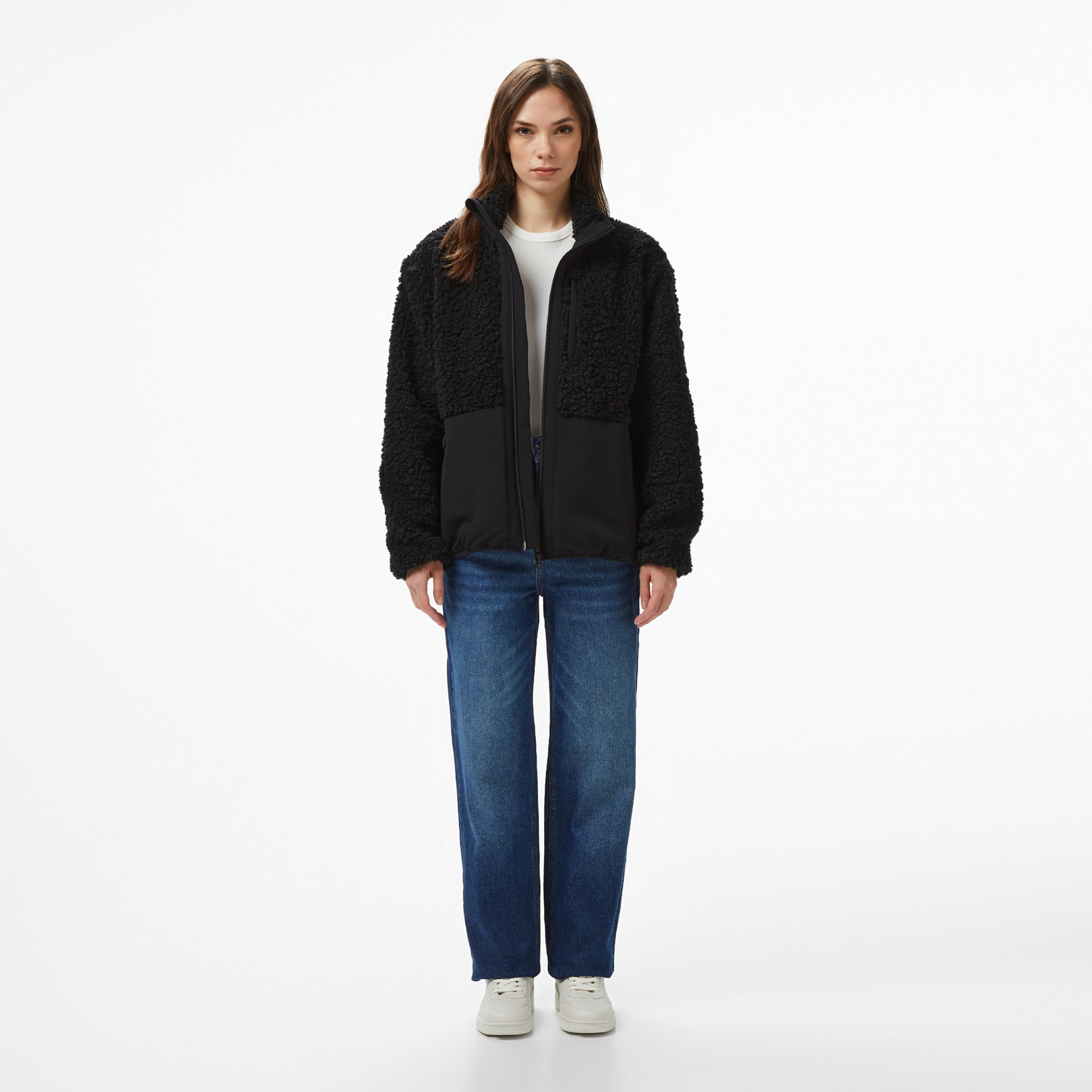 Kadın Dik Yaka Renk Bloklu Siyah Ceket