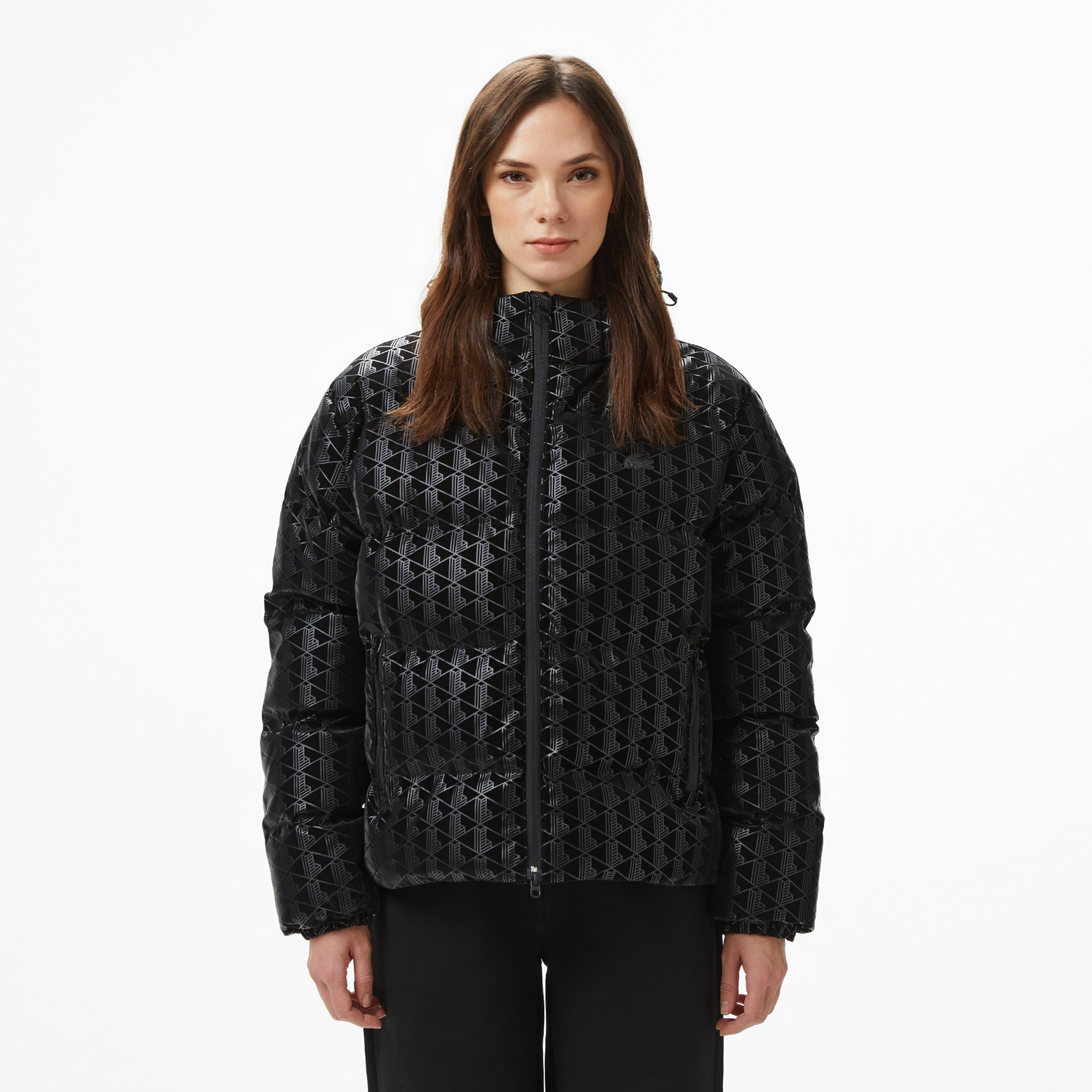 Kadın Kapüşonlu Monogram Siyah Mont