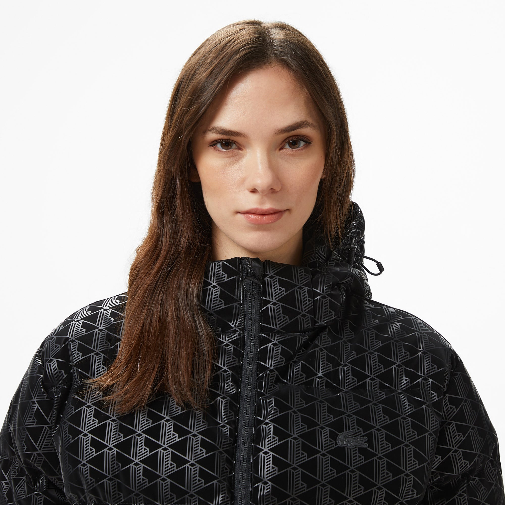 Kadın Kapüşonlu Monogram Siyah Mont