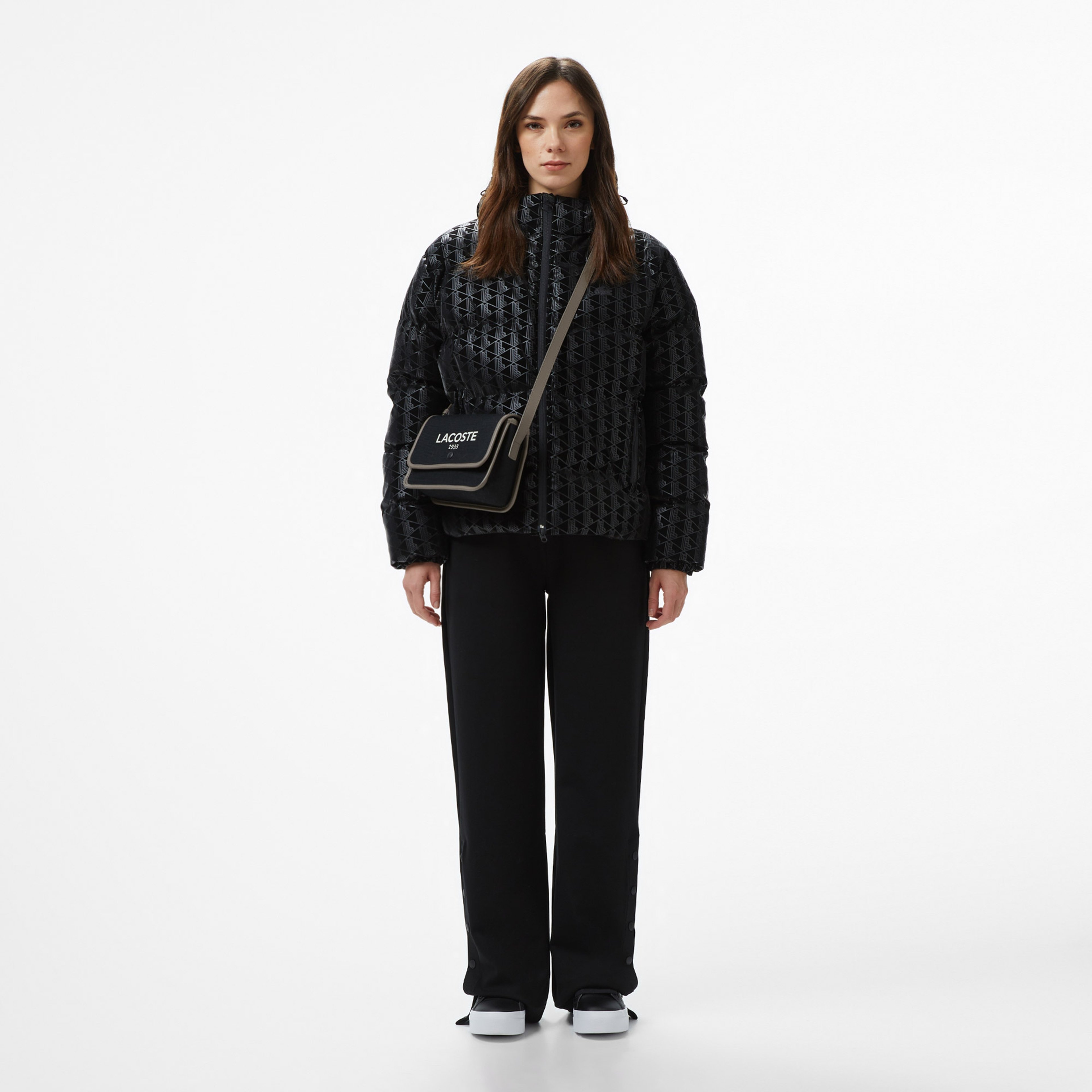 Kadın Kapüşonlu Monogram Siyah Mont