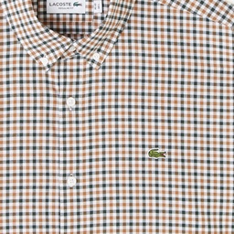 Erkek Regular Fit Düğmeli Yaka Kareli Kahverengi Gömlek Kahverengi