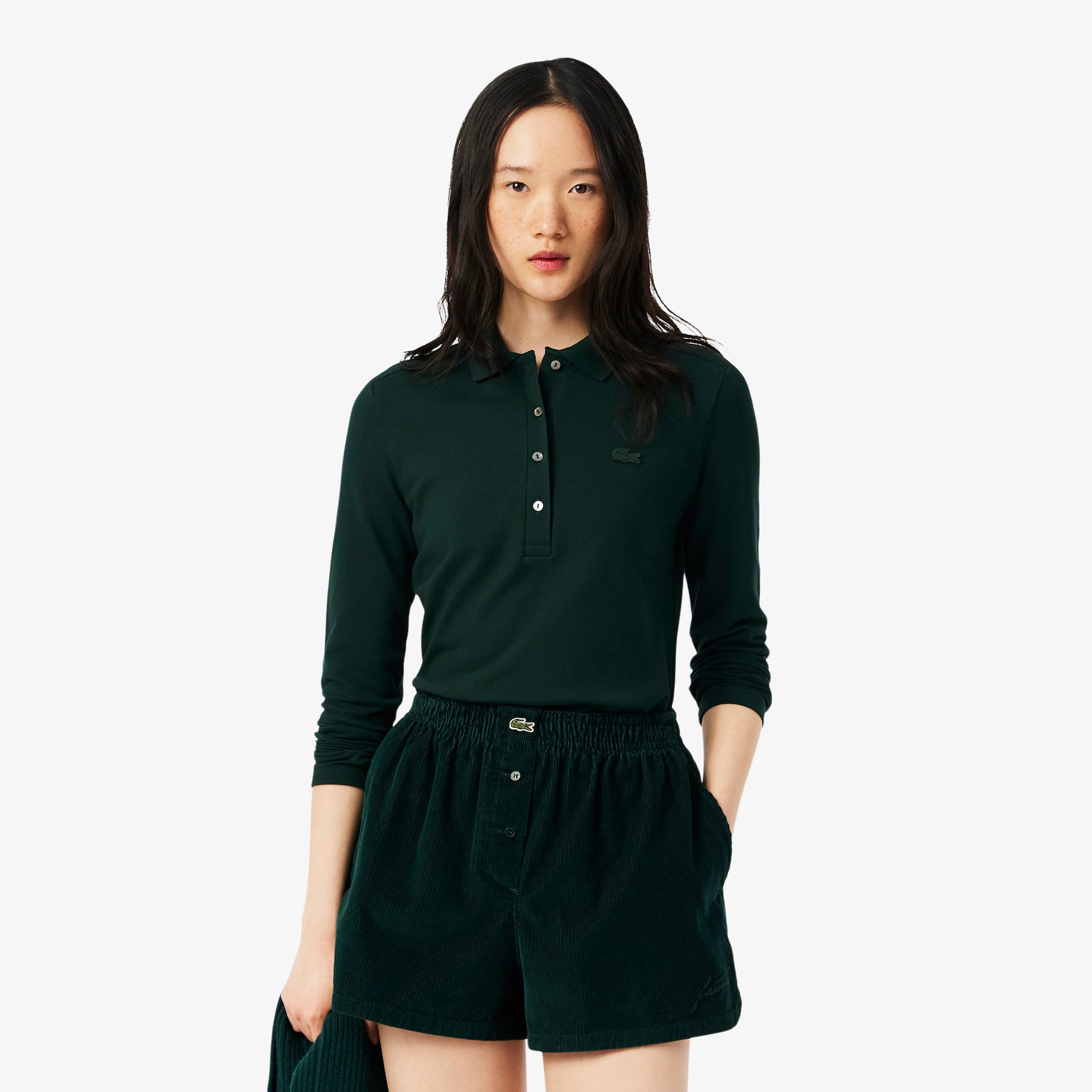 Kadın Slim Fit Uzun Kollu Koyu Yeşil Polo