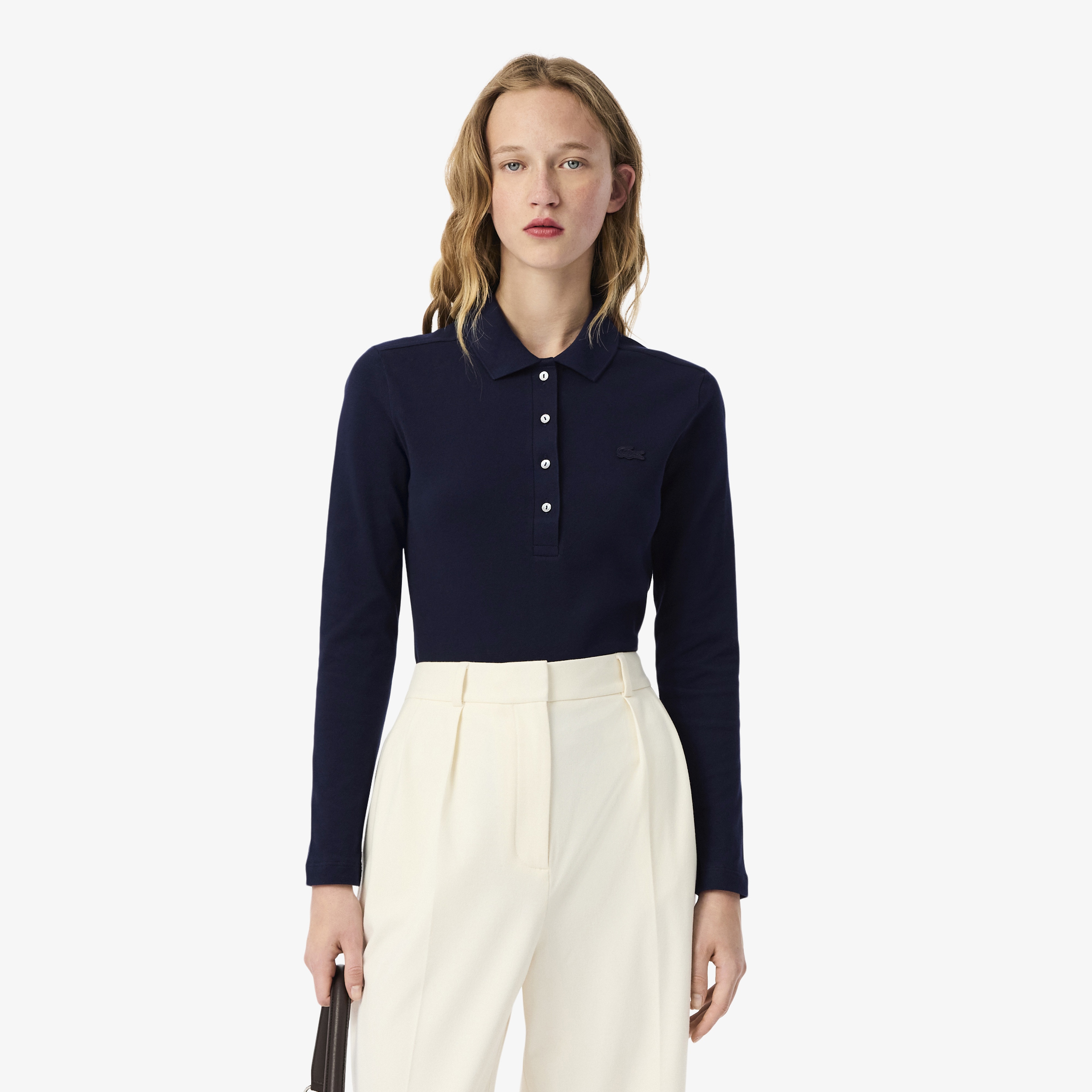 Kadın Slim Fit Uzun Kollu Lacivert Polo