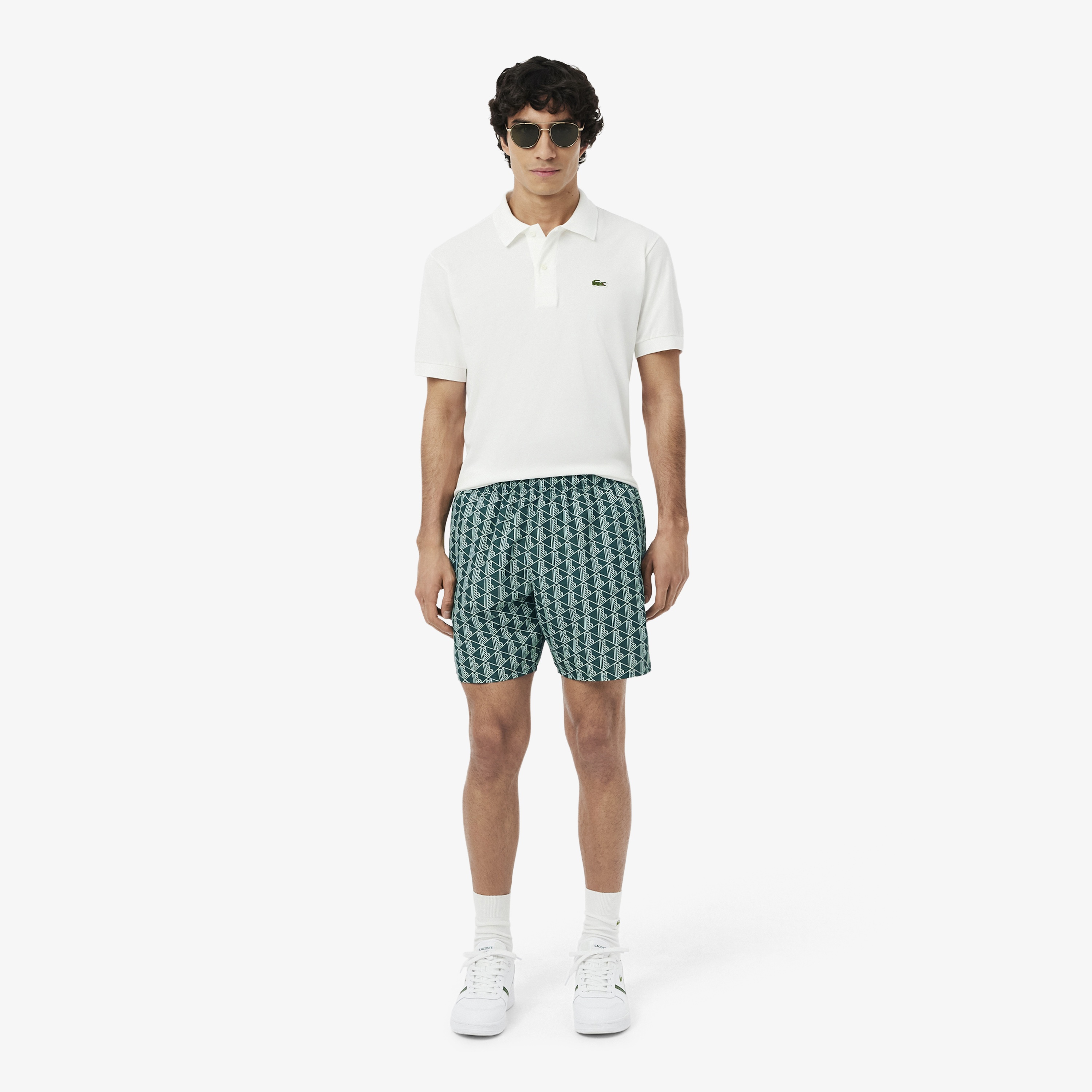 Mid Length Monogram Print Swim Trunks
