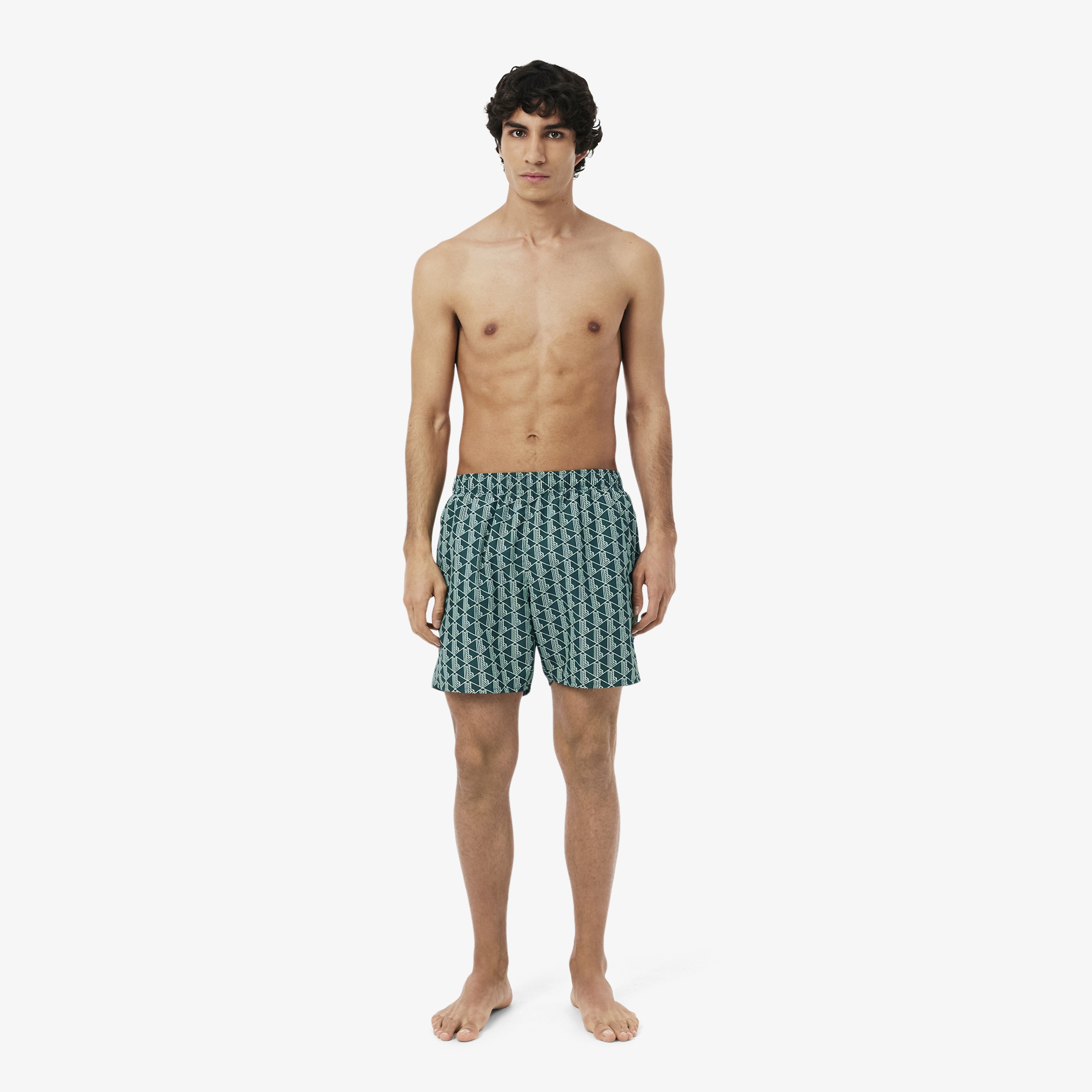 Mid Length Monogram Print Swim Trunks