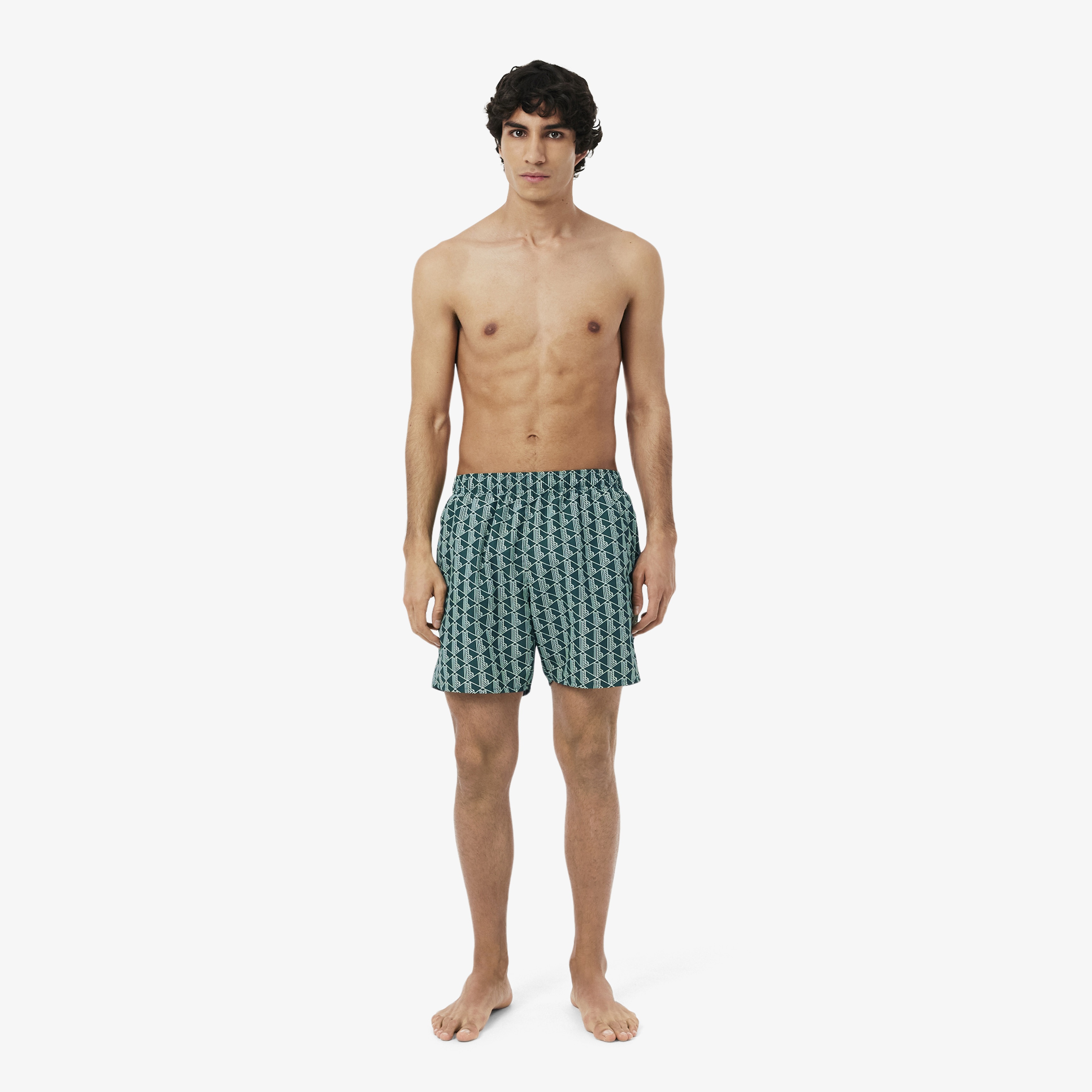 Mid Length Monogram Print Swim Trunks