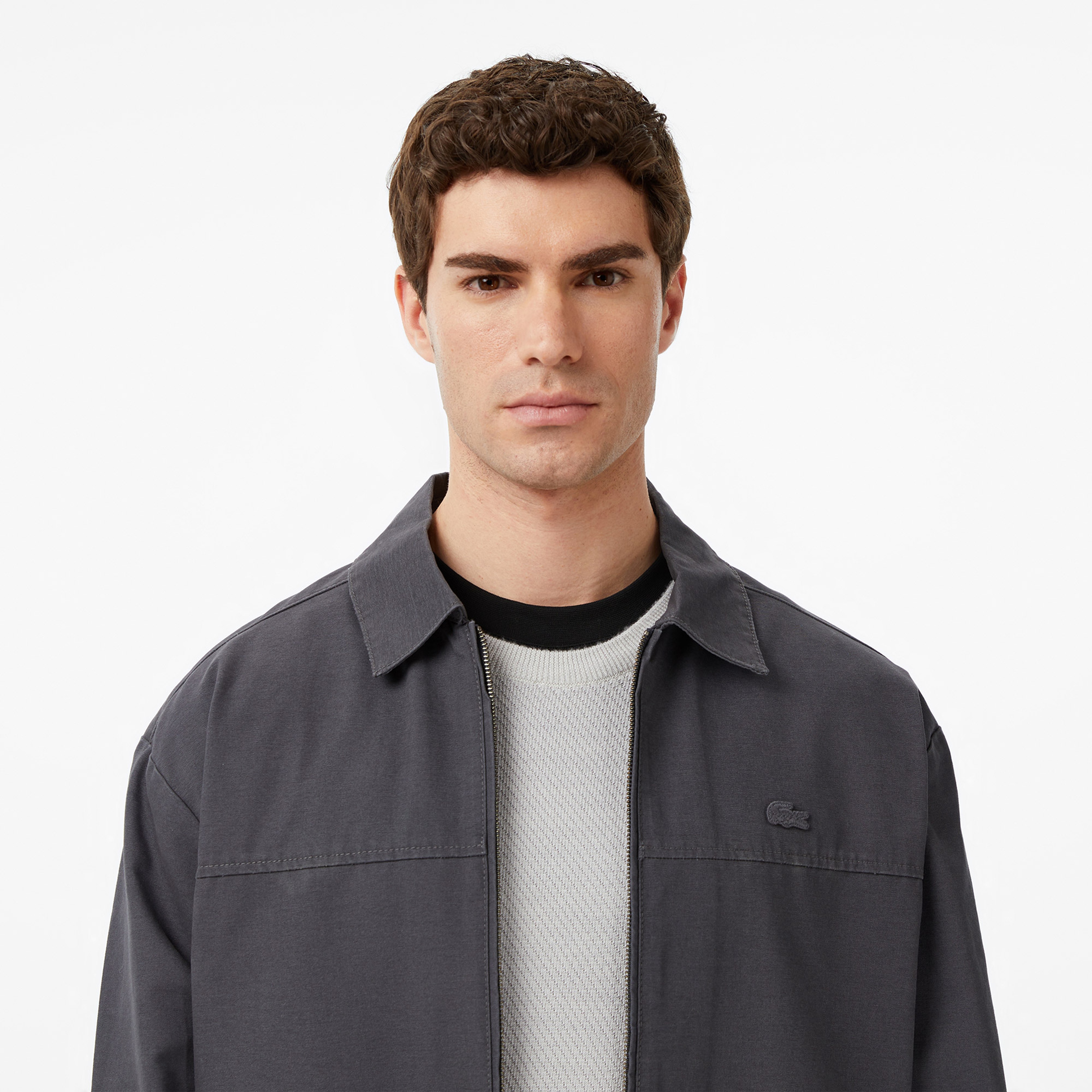 Erkek Relaxed Fit Fermuarlı Koyu Gri Dış Gömlek