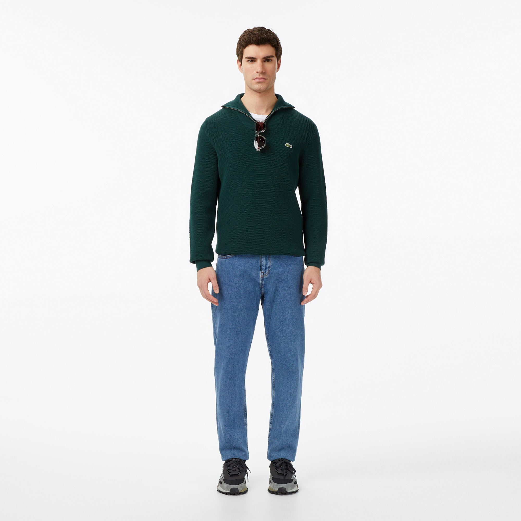 Erkek Classic Fit Yarım Fermuarlı Yeşil Kazak