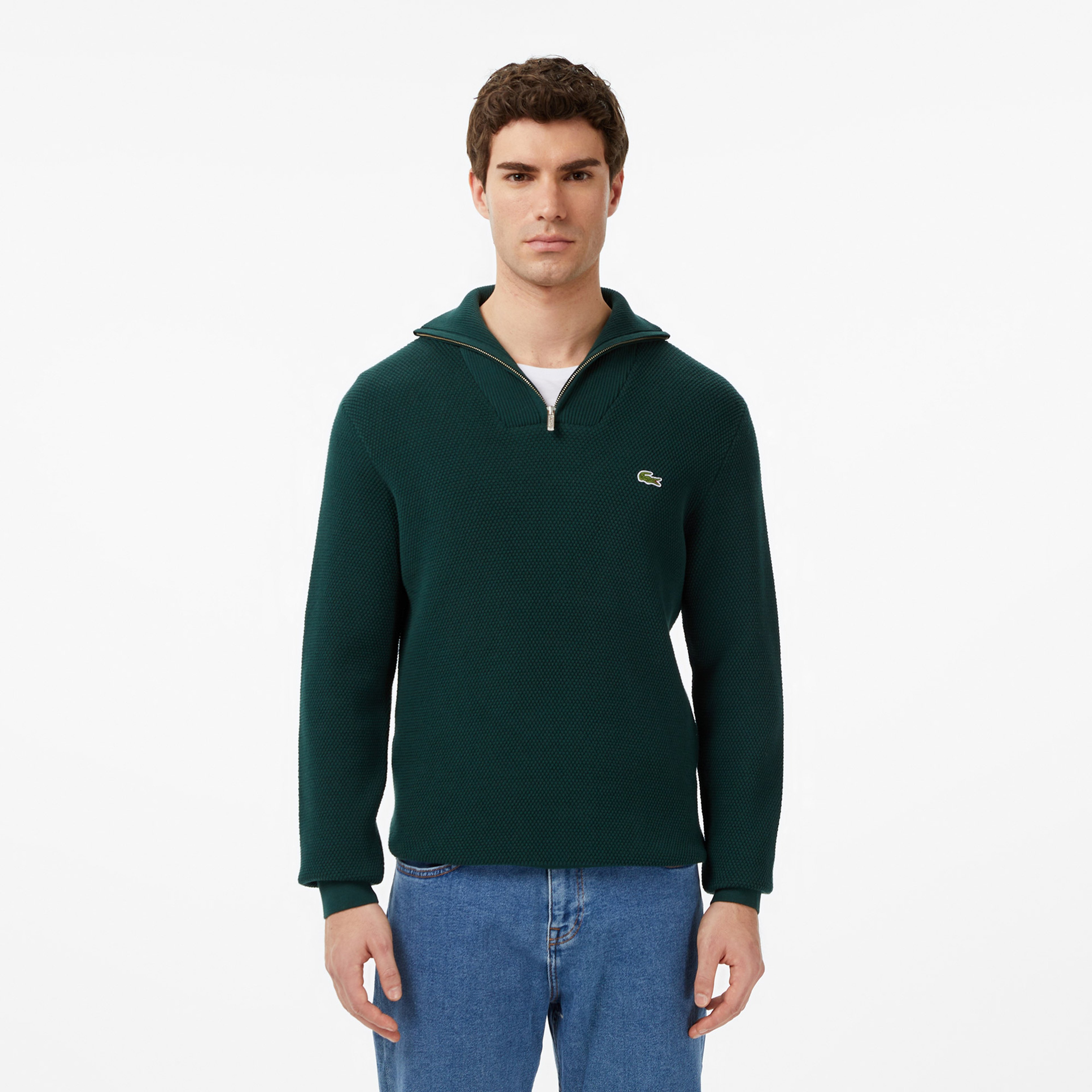 Erkek Classic Fit Yarım Fermuarlı Yeşil Kazak