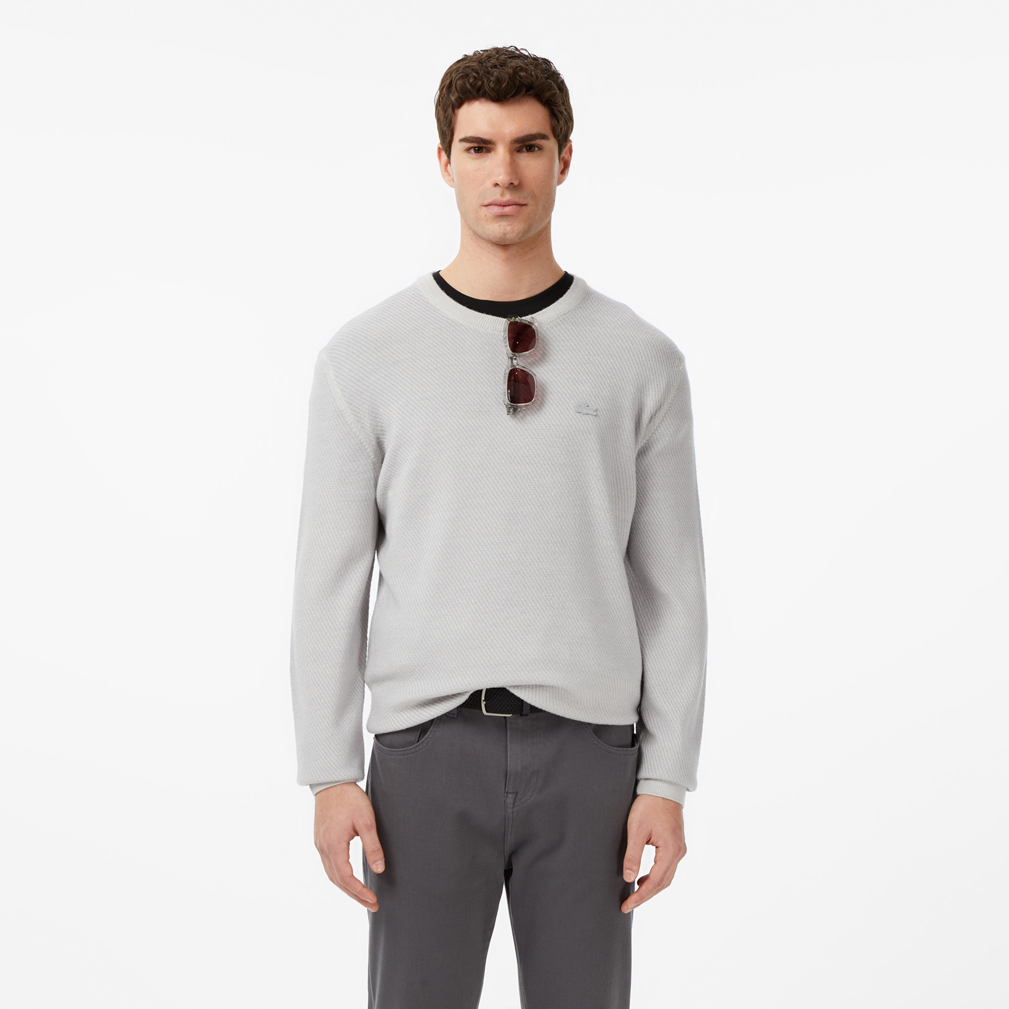 Erkek Classic Fit Bisiklet Yaka Yün Gri Kazak