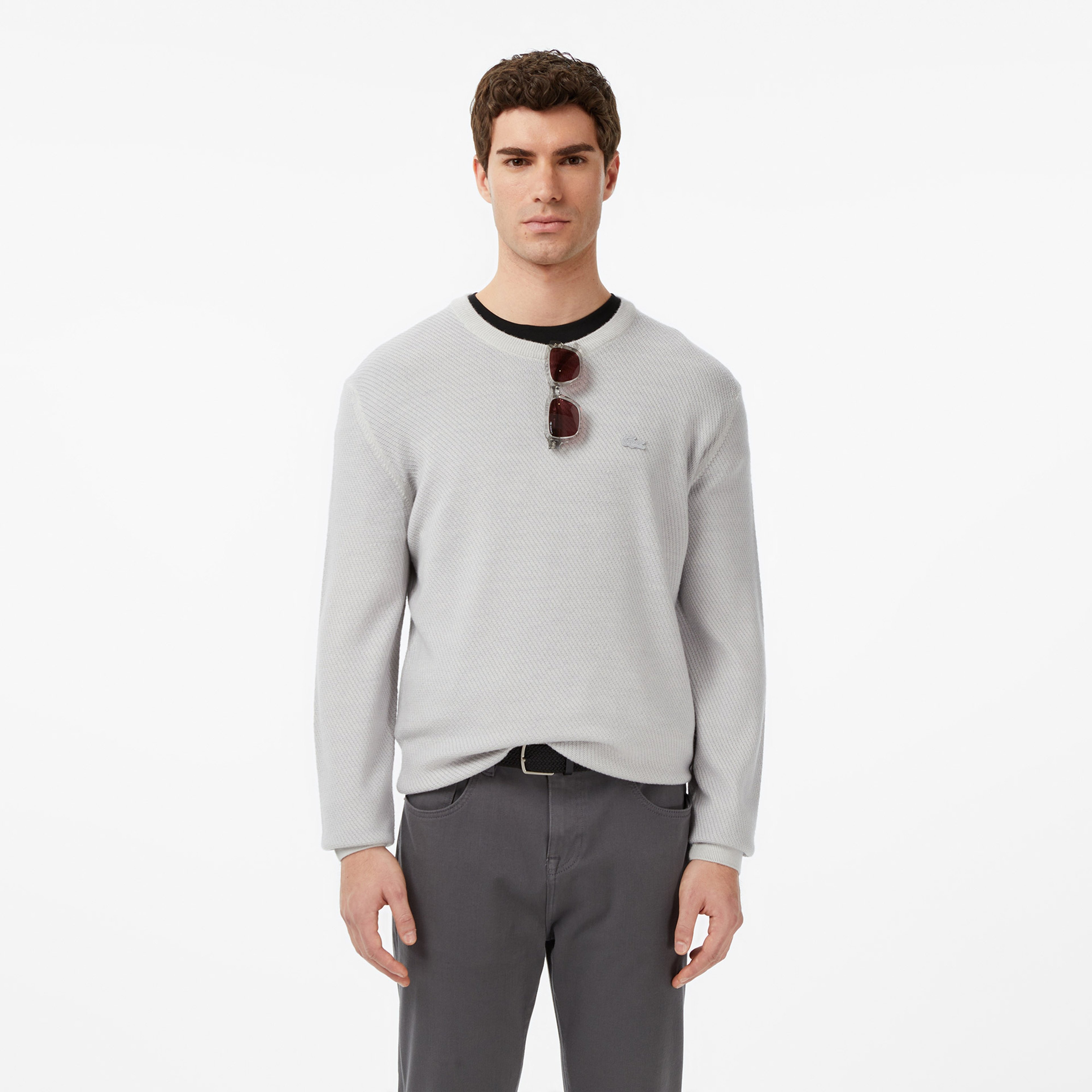 Erkek Classic Fit Bisiklet Yaka Yün Gri Kazak