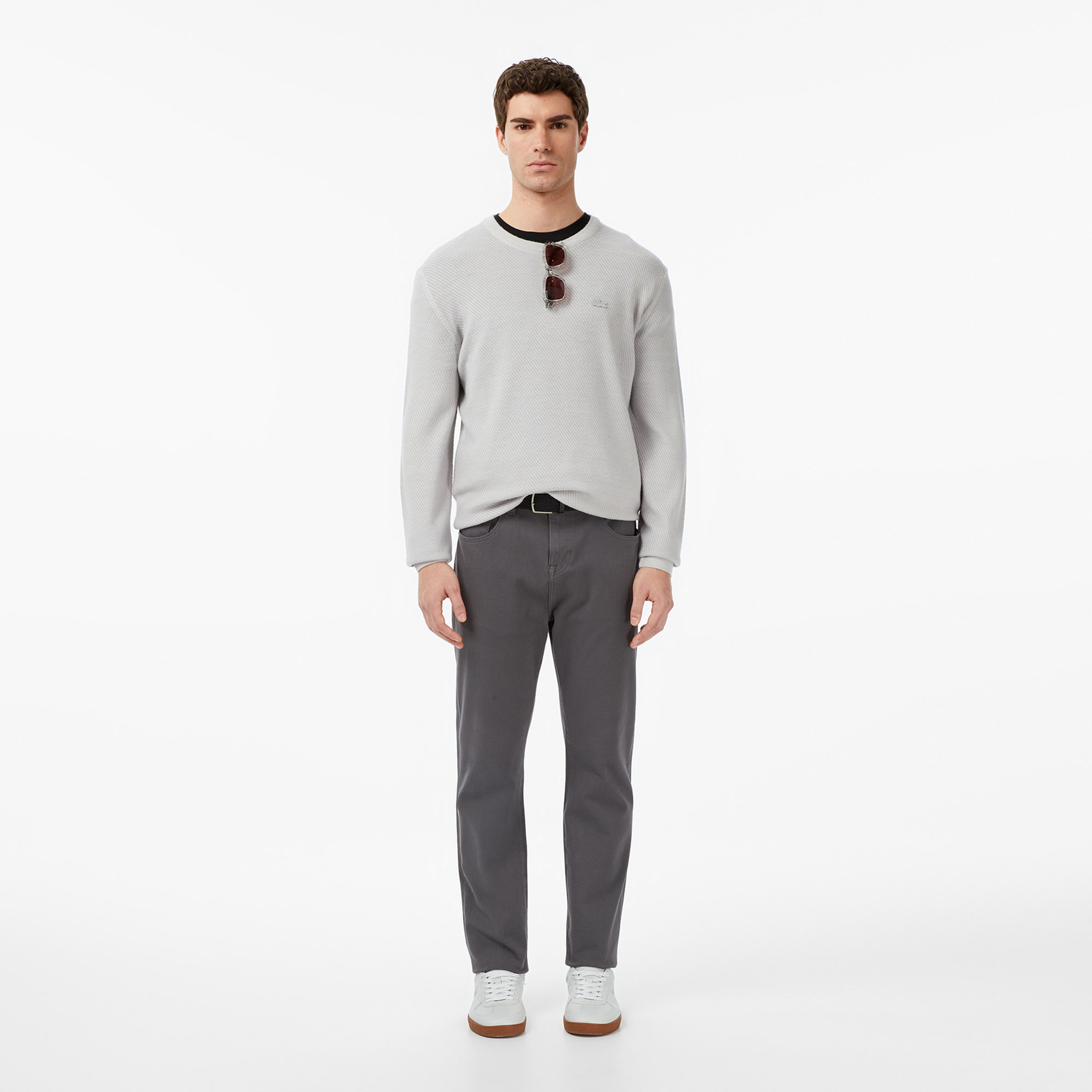 Erkek Classic Fit Bisiklet Yaka Yün Gri Kazak