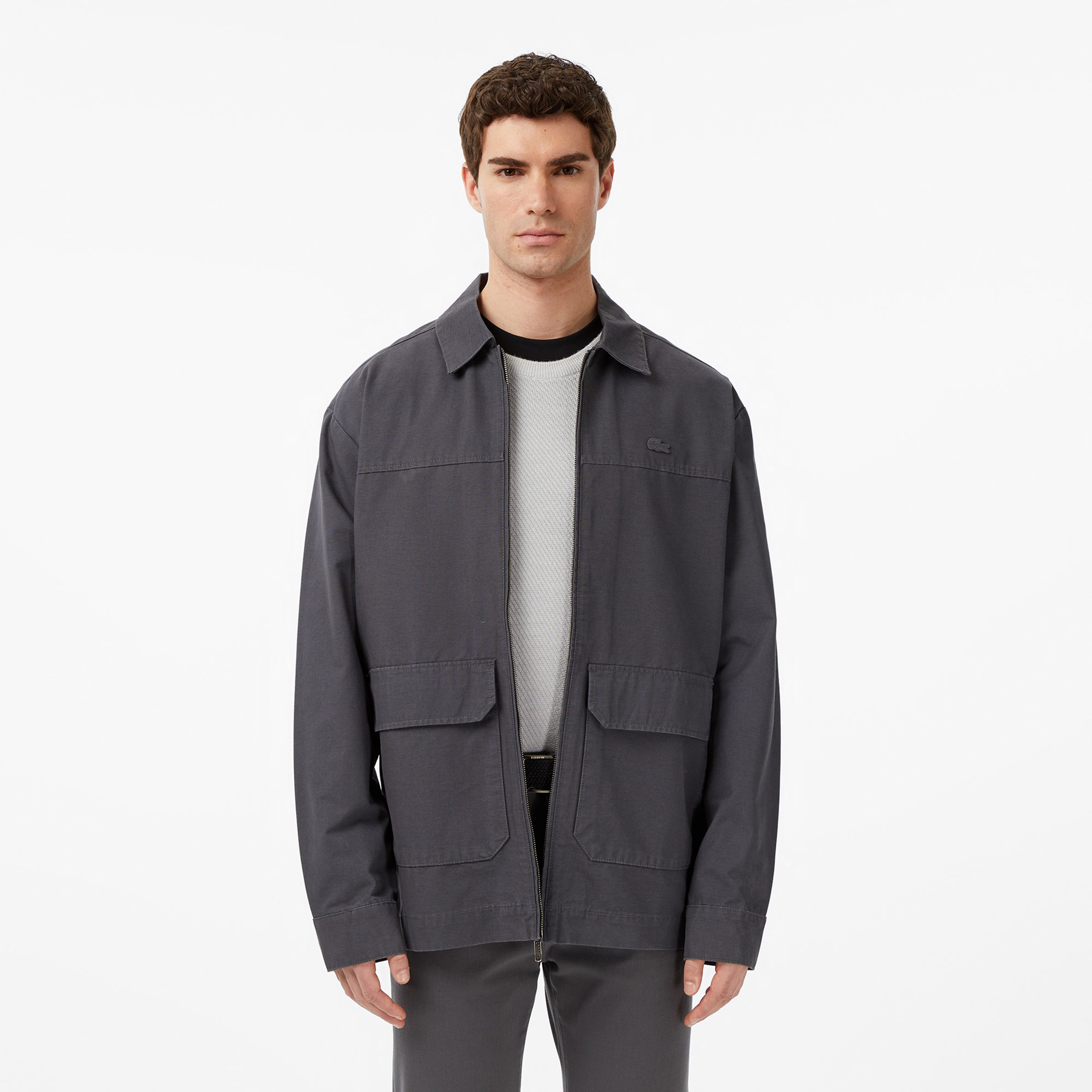 Erkek Relaxed Fit Fermuarlı Koyu Gri Dış Gömlek