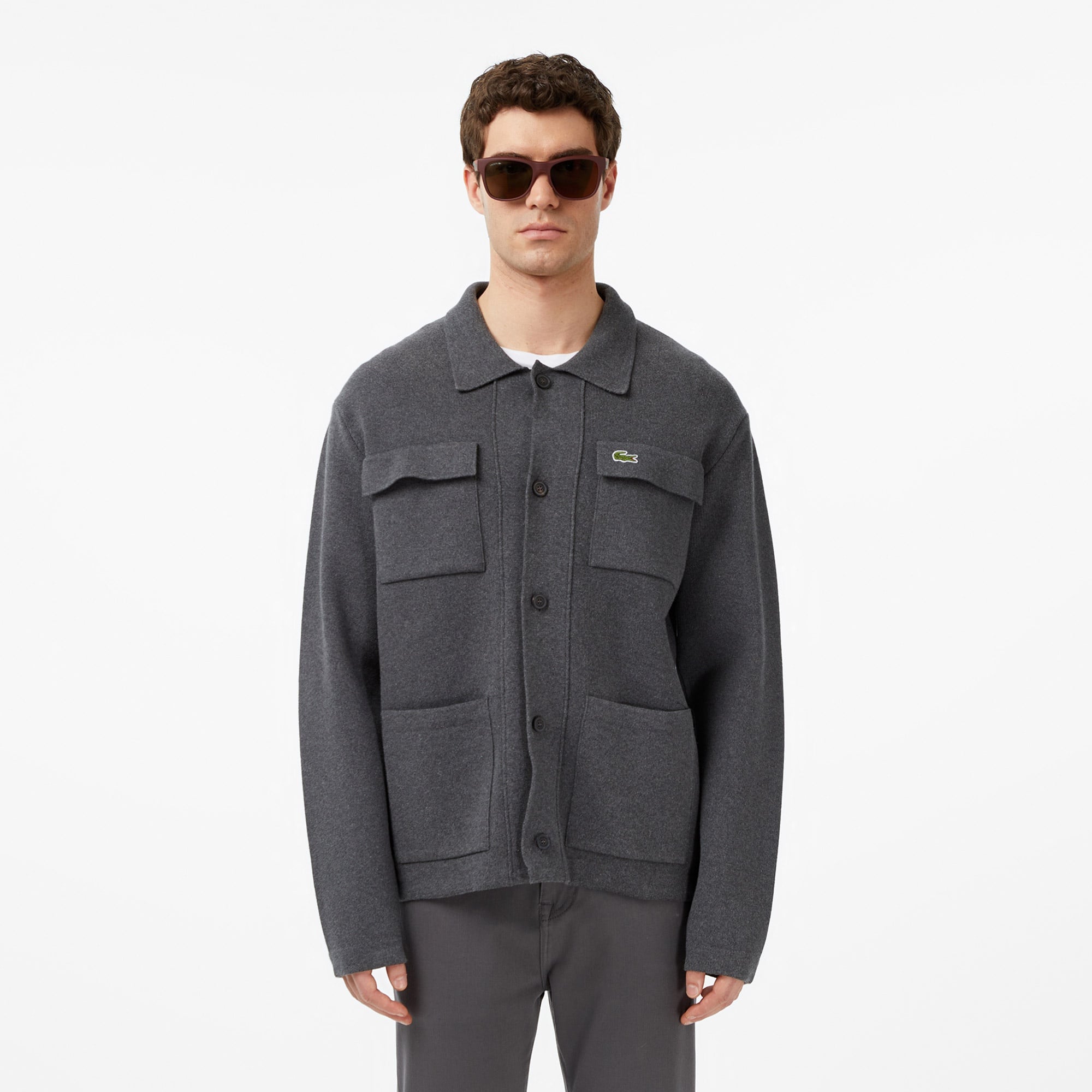 Erkek Classic Fit Polo Yaka Gri Hırka