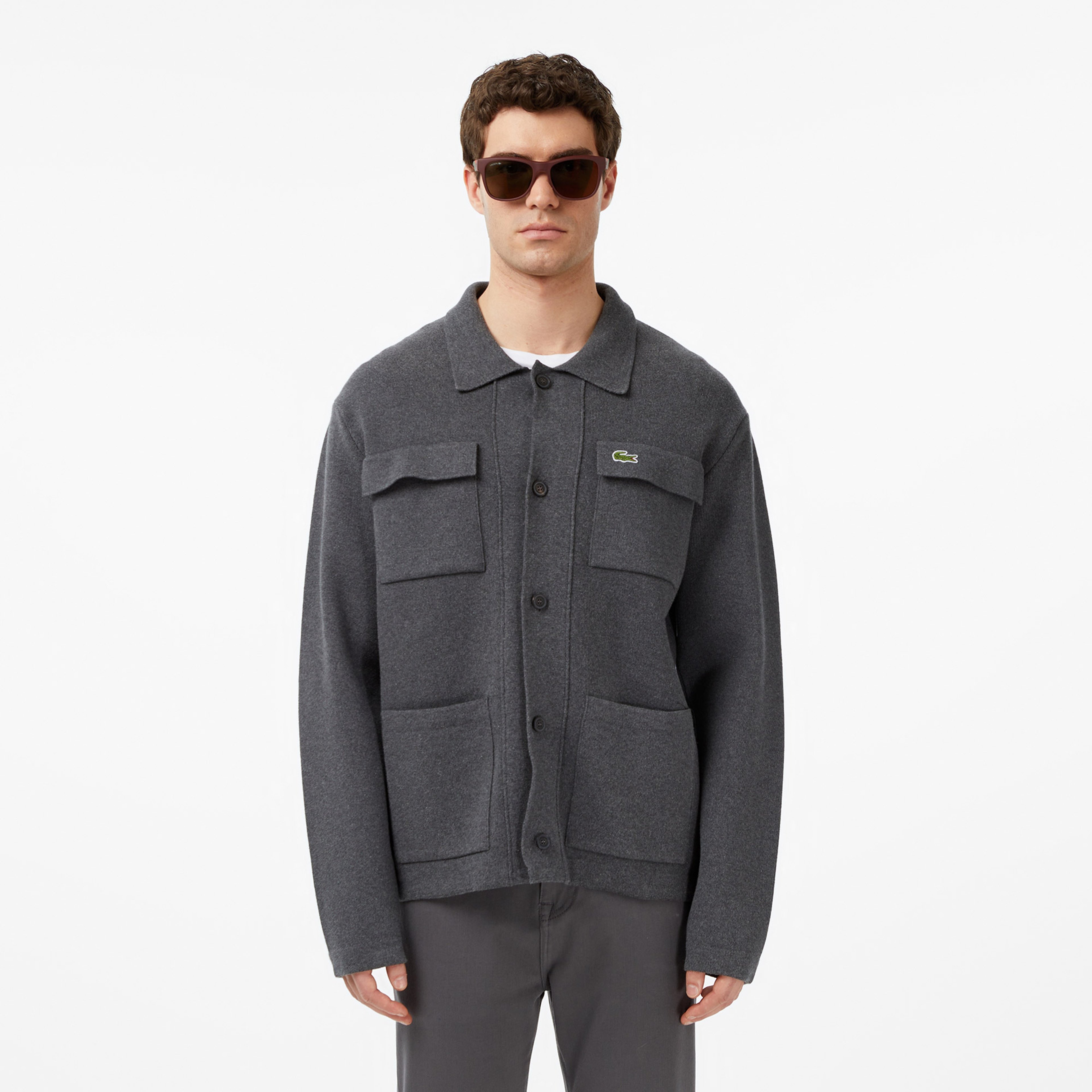 Erkek Classic Fit Polo Yaka Gri Hırka