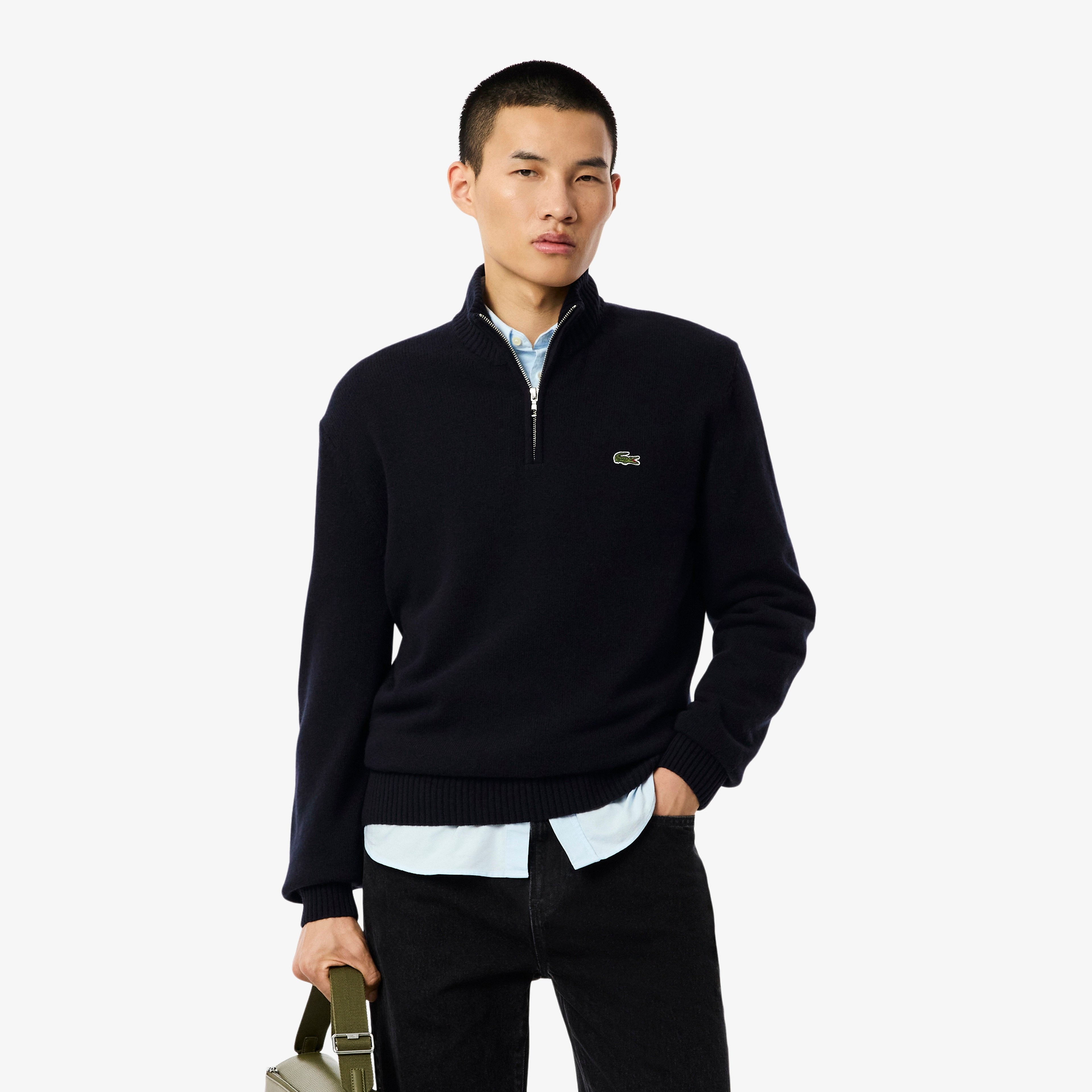 Erkek Classic Fit Yarım Fermuarlı Yün Lacivert Kazak