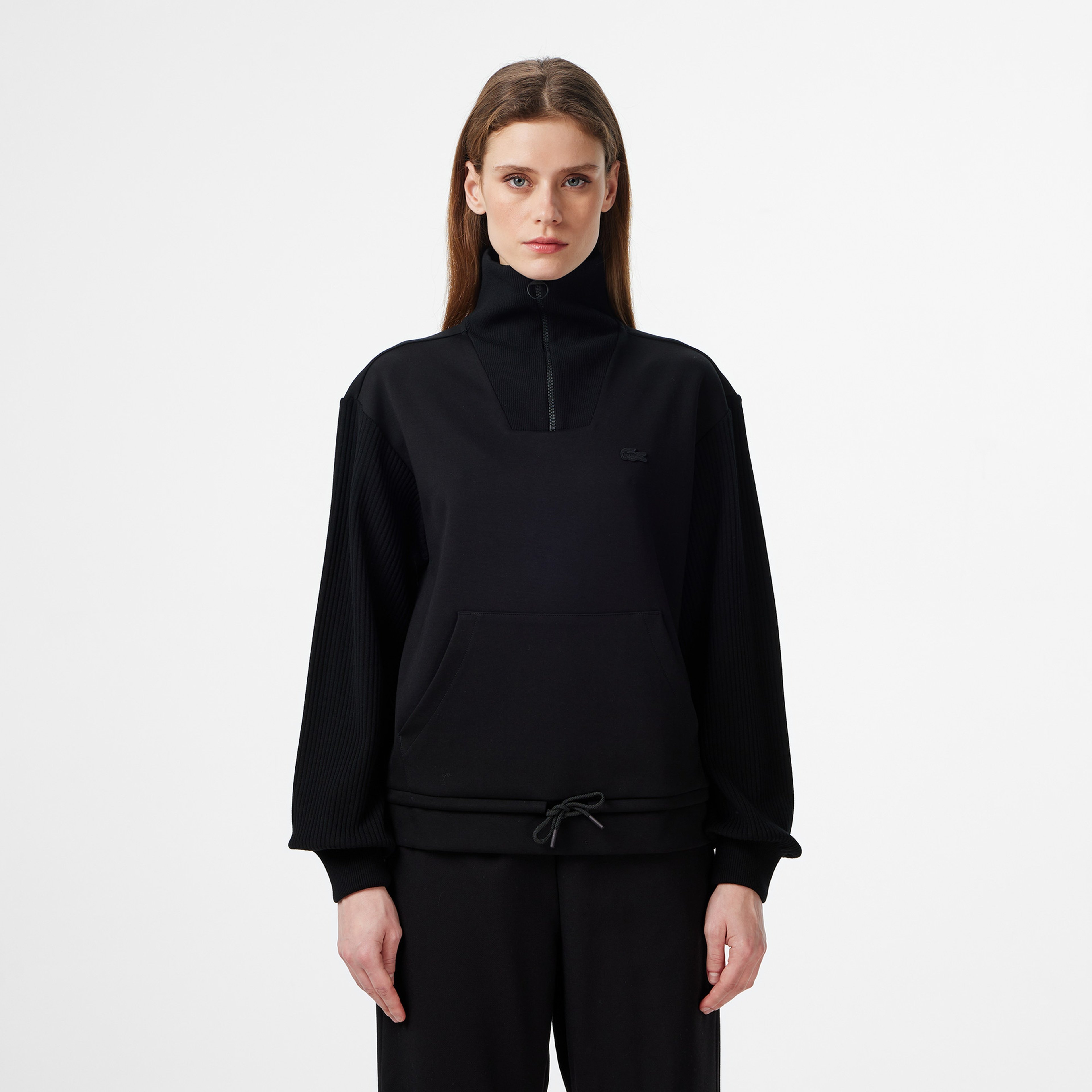 Kadın Relaxed Fit Yarım Fermuarlı Siyah Sweatshirt