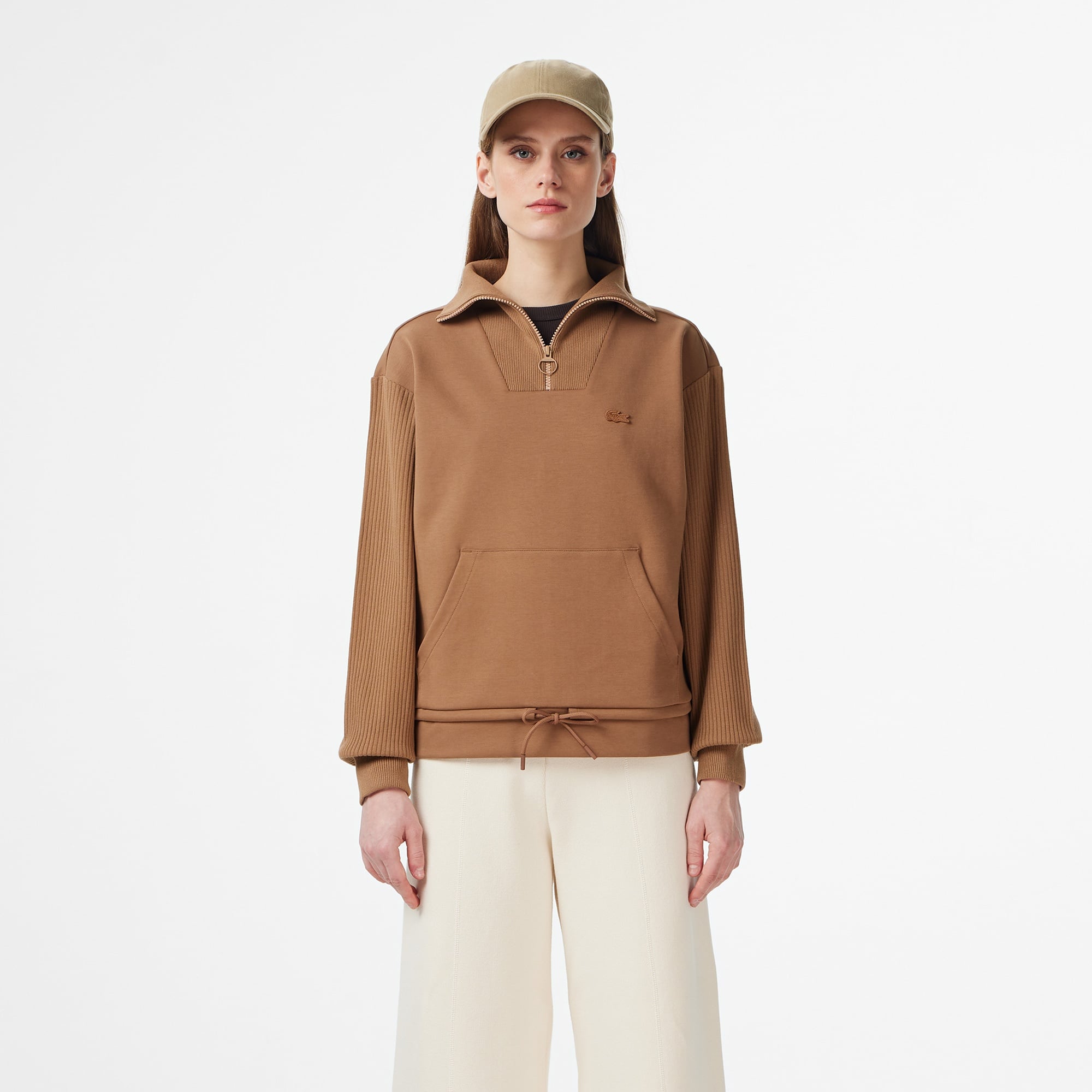 Kadın Relaxed Fit Yarım Fermuarlı Kahverengi Sweatshirt